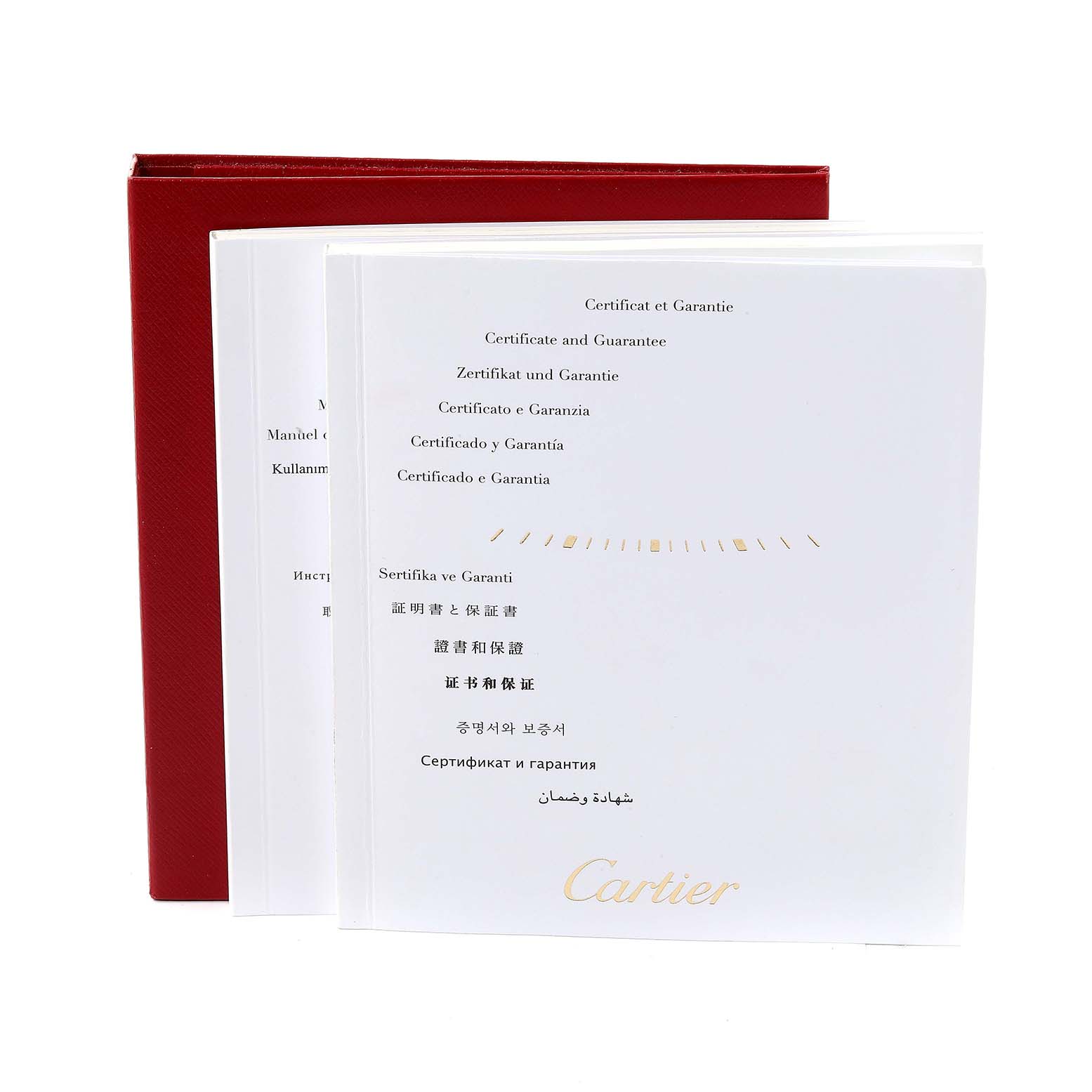 This image shows the certificate and guarantee booklets for the Cartier Tank Solo W5200025 Men
s Rose Gold Silver Dial W5200025 Men
s Rose Gold Silver Dial watch, along with its red case.