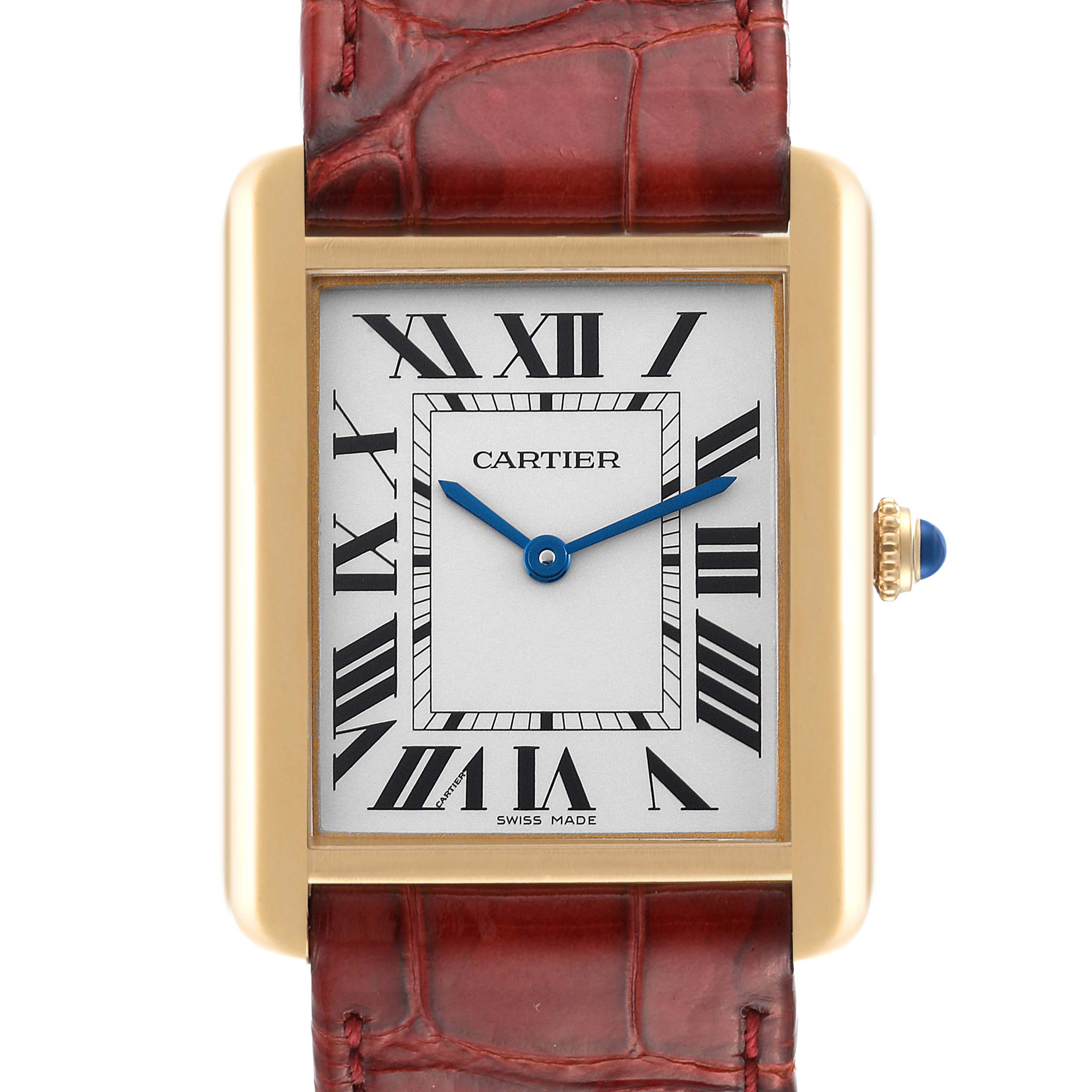 The image shows a close-up front view of the dial and part of the strap of the Cartier Tank Solo W5200004 Men's Yellow Gold Silver Dial W5200004 Men's Yellow Gold Silver Dial watch.