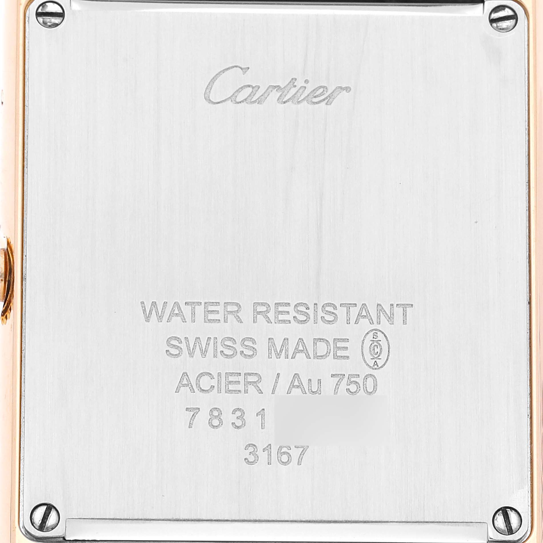 The image shows the case back of a Cartier Tank Solo W5200004 Men's Yellow Gold Silver Dial W5200004 Men's Yellow Gold Silver Dial watch, displaying the brand name and specifications.