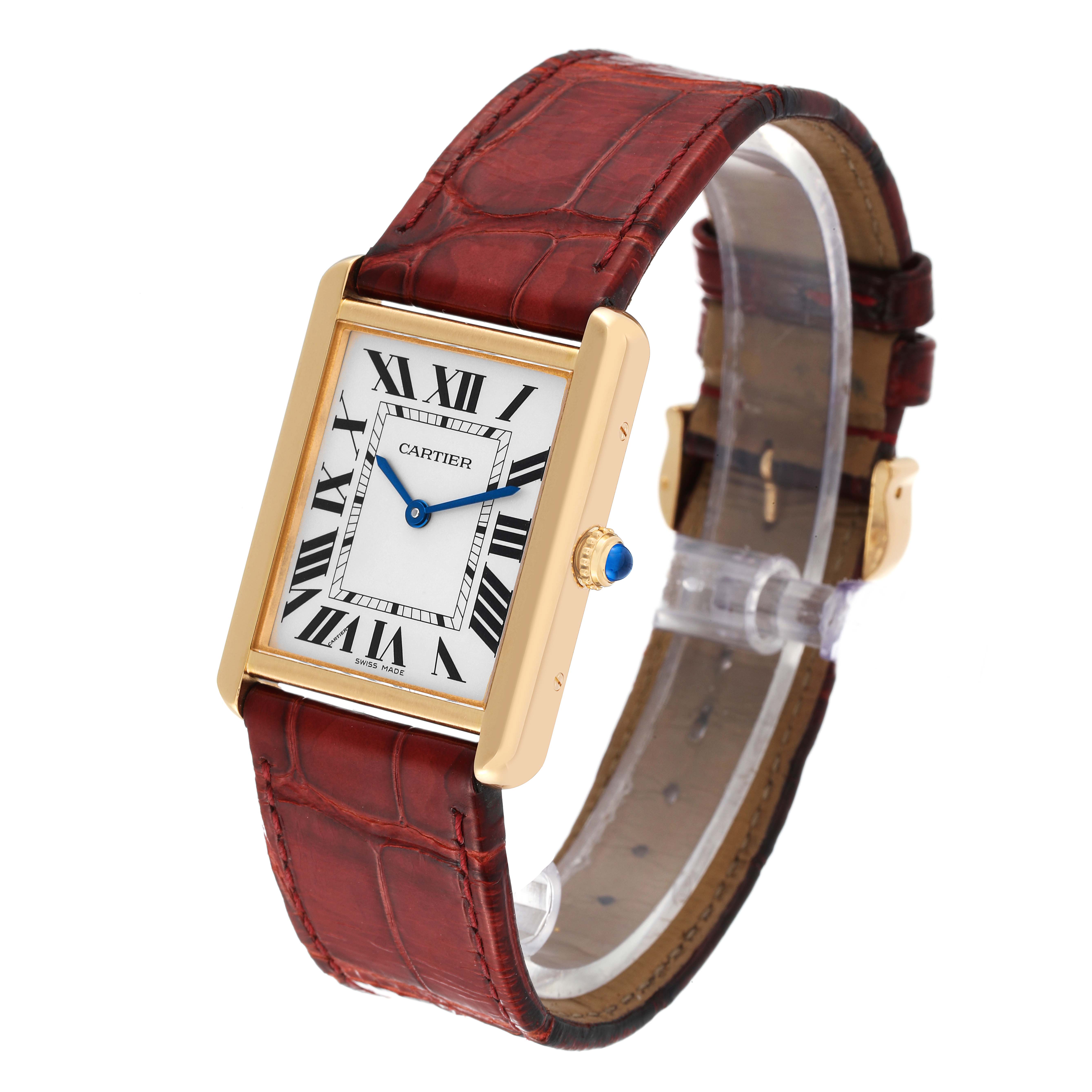 The image shows a Cartier Tank Solo W5200004 Men's Yellow Gold Silver Dial W5200004 Men's Yellow Gold Silver Dial watch at a slight angle, highlighting the rectangular face, roman numerals, and the leather strap.