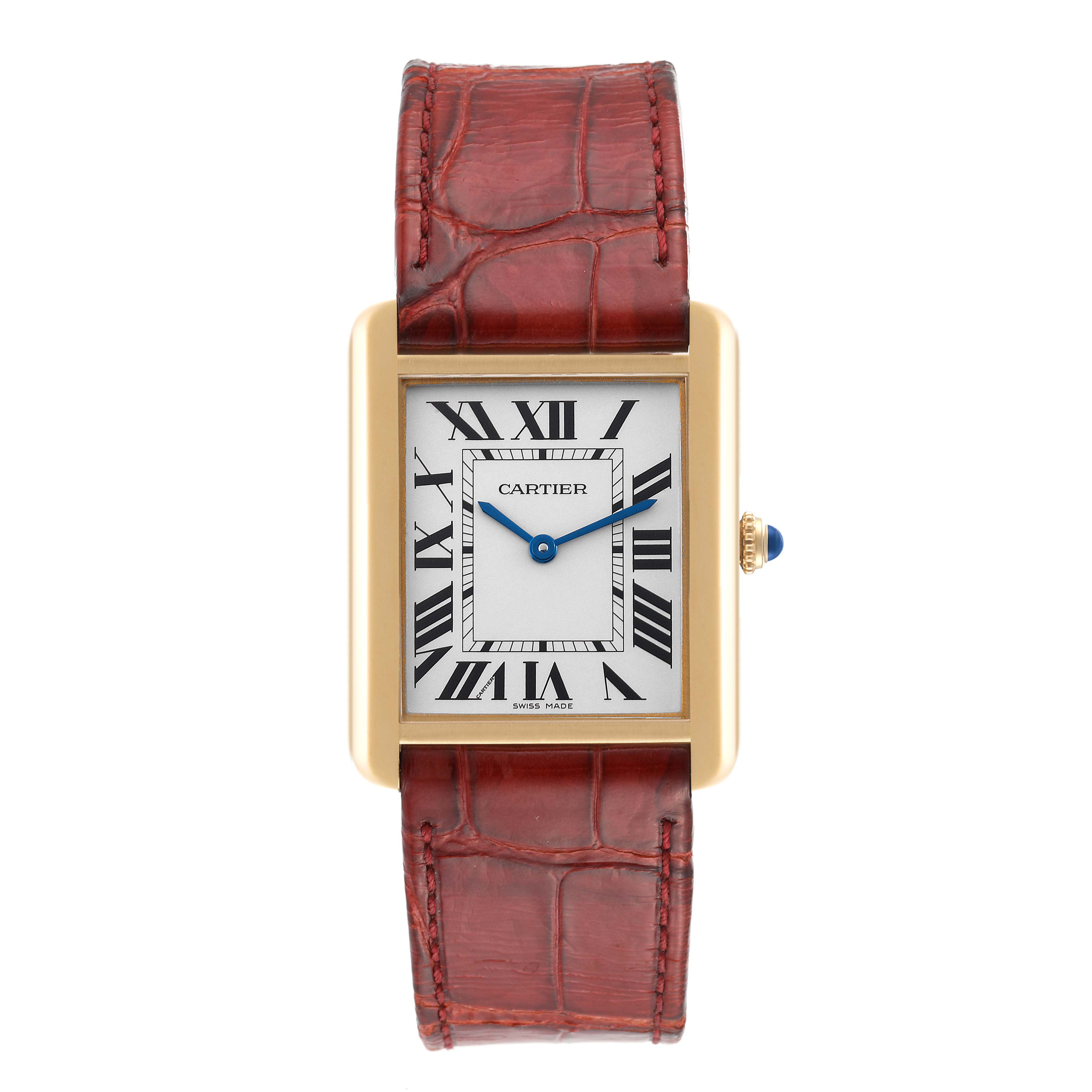 This Cartier Tank Solo W5200004 Men's Yellow Gold Silver Dial W5200004 Men's Yellow Gold Silver Dial model watch is shown in a front angle, displaying the entire face and the brown leather strap.