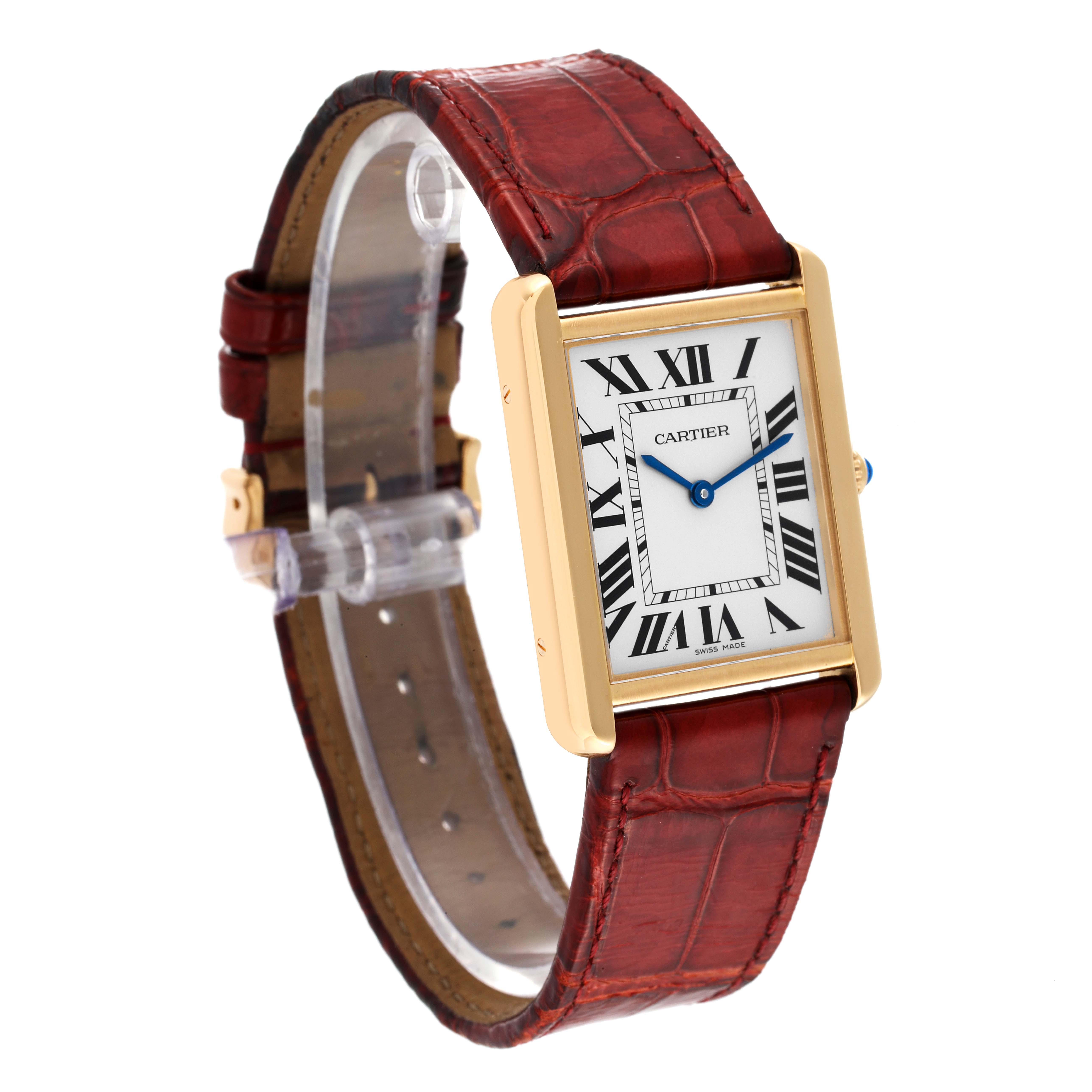 The image shows a Cartier Tank Solo W5200004 Men's Yellow Gold Silver Dial W5200004 Men's Yellow Gold Silver Dial watch at a three-quarter angle, displaying the face, Roman numerals, and the leather strap.