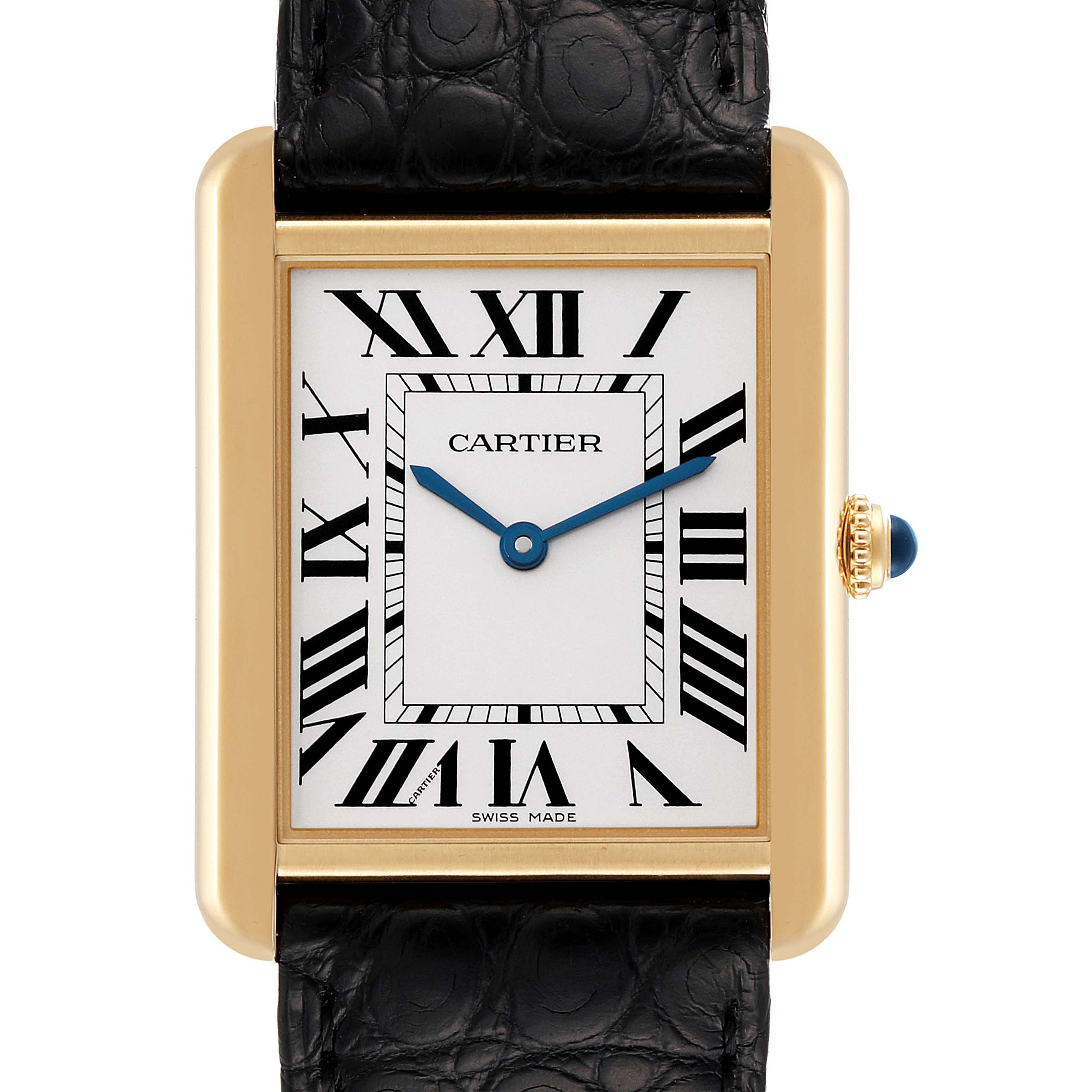 The image shows a close-up frontal view of the Cartier Tank Solo W5200004 Men
s Yellow Gold Silver Dial W5200004 Men
s Yellow Gold Silver Dial watch face and partial leather strap.