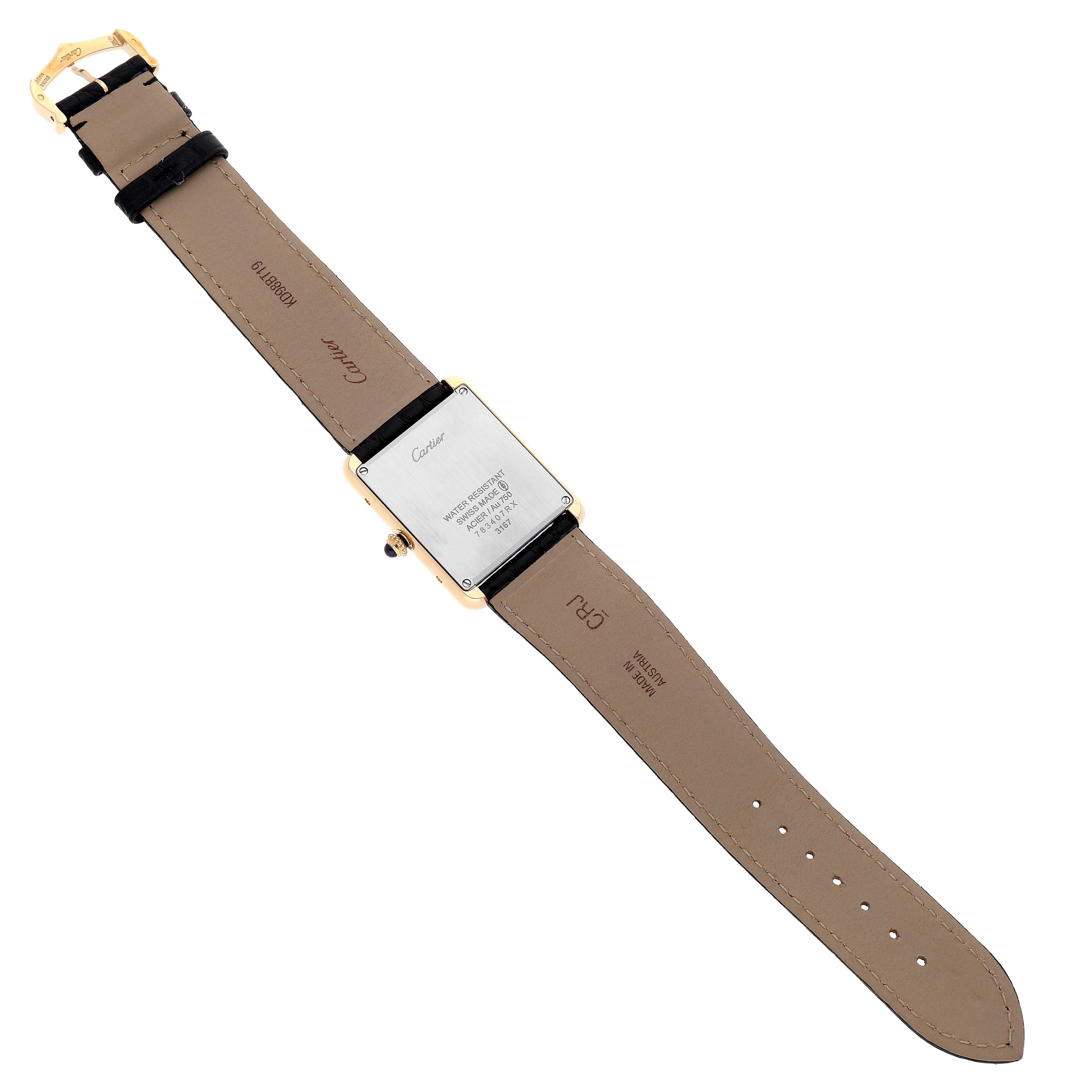 The image shows the back view of a Cartier Tank Solo W5200004 Men
s Yellow Gold Silver Dial W5200004 Men
s Yellow Gold Silver Dial watch, highlighting the case back and leather strap.