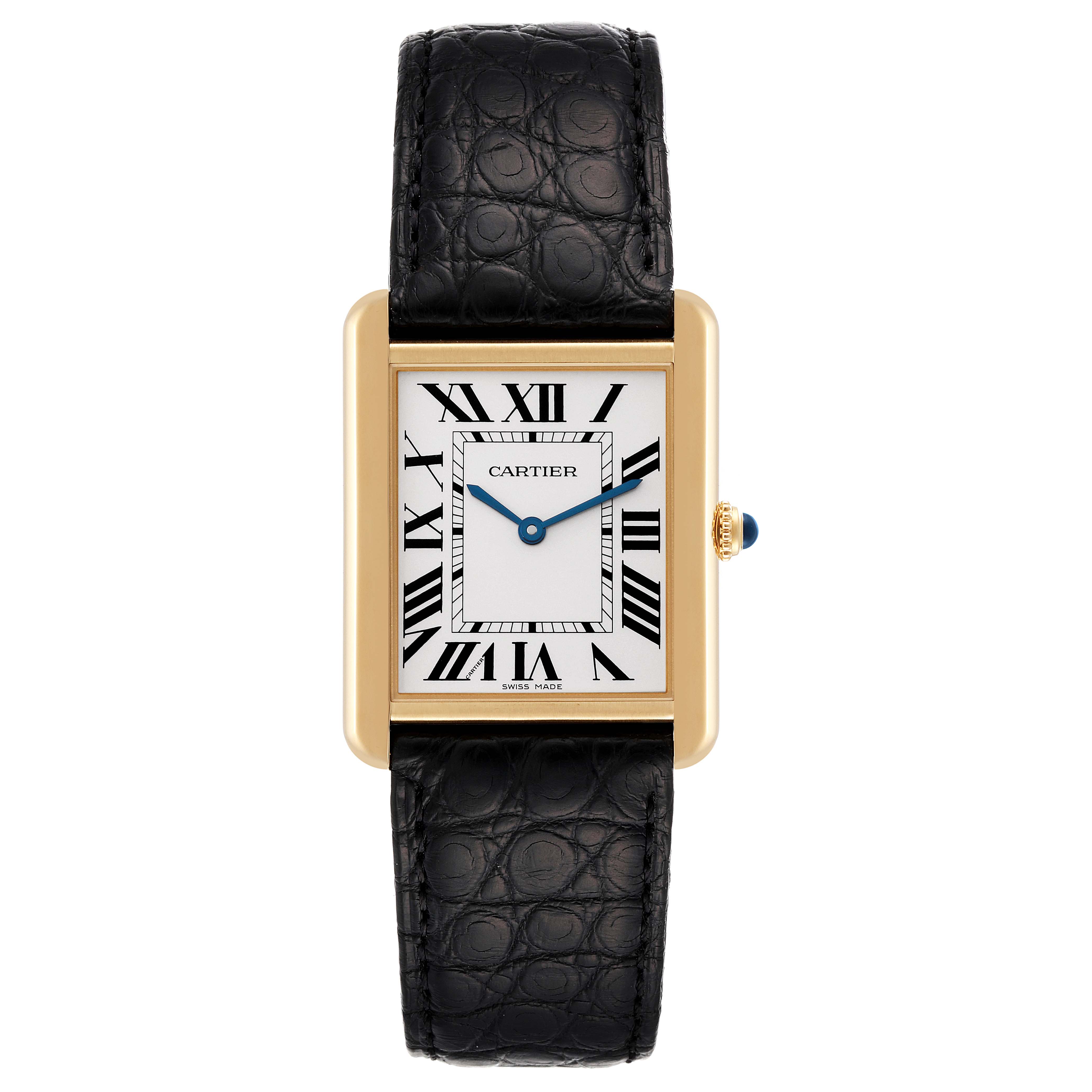 The image shows a front view of the Cartier Tank Solo W5200004 Men
s Yellow Gold Silver Dial W5200004 Men
s Yellow Gold Silver Dial watch, featuring its black leather strap and rectangular gold case.