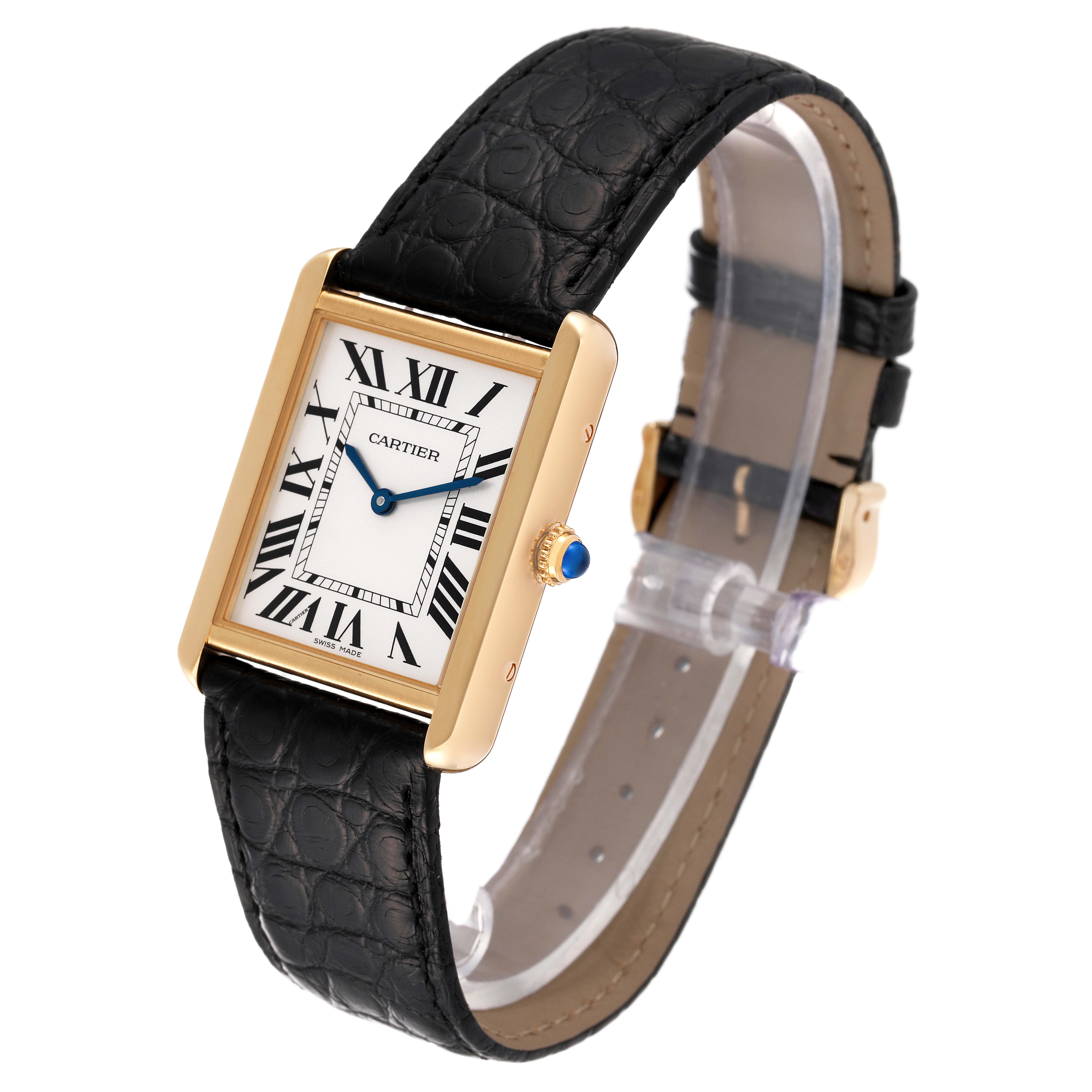 The image shows a Cartier Tank Solo W5200004 Men
s Yellow Gold Silver Dial W5200004 Men
s Yellow Gold Silver Dial watch at an angled view, highlighting the face, bezel, crown, and leather strap.
