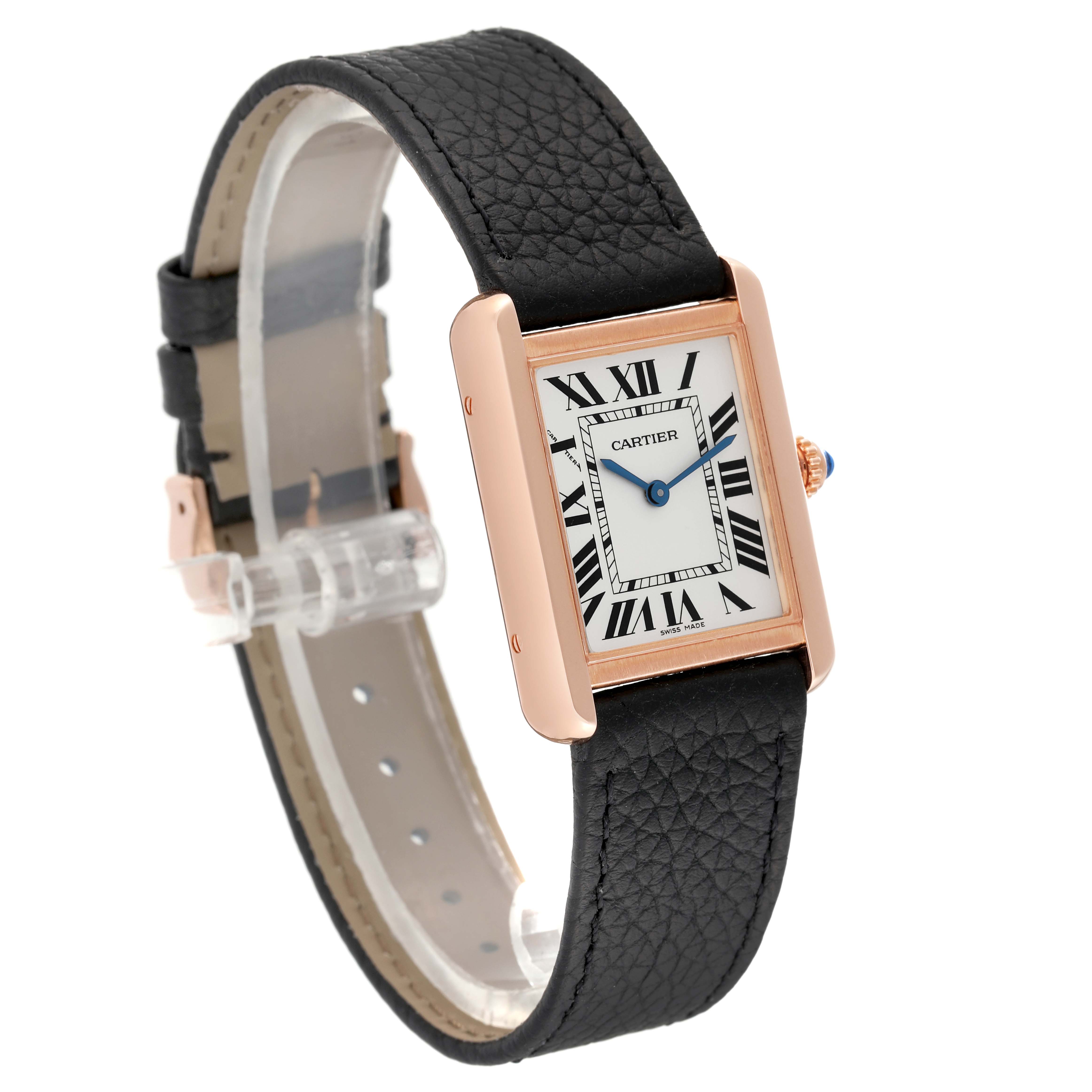 The image shows a Cartier Tank Solo W5200024 Women's Rose Gold Silver Dial W5200024 Women's Rose Gold Silver Dial watch at a three-quarter angle, highlighting its rectangular dial, black leather strap, and gold case.