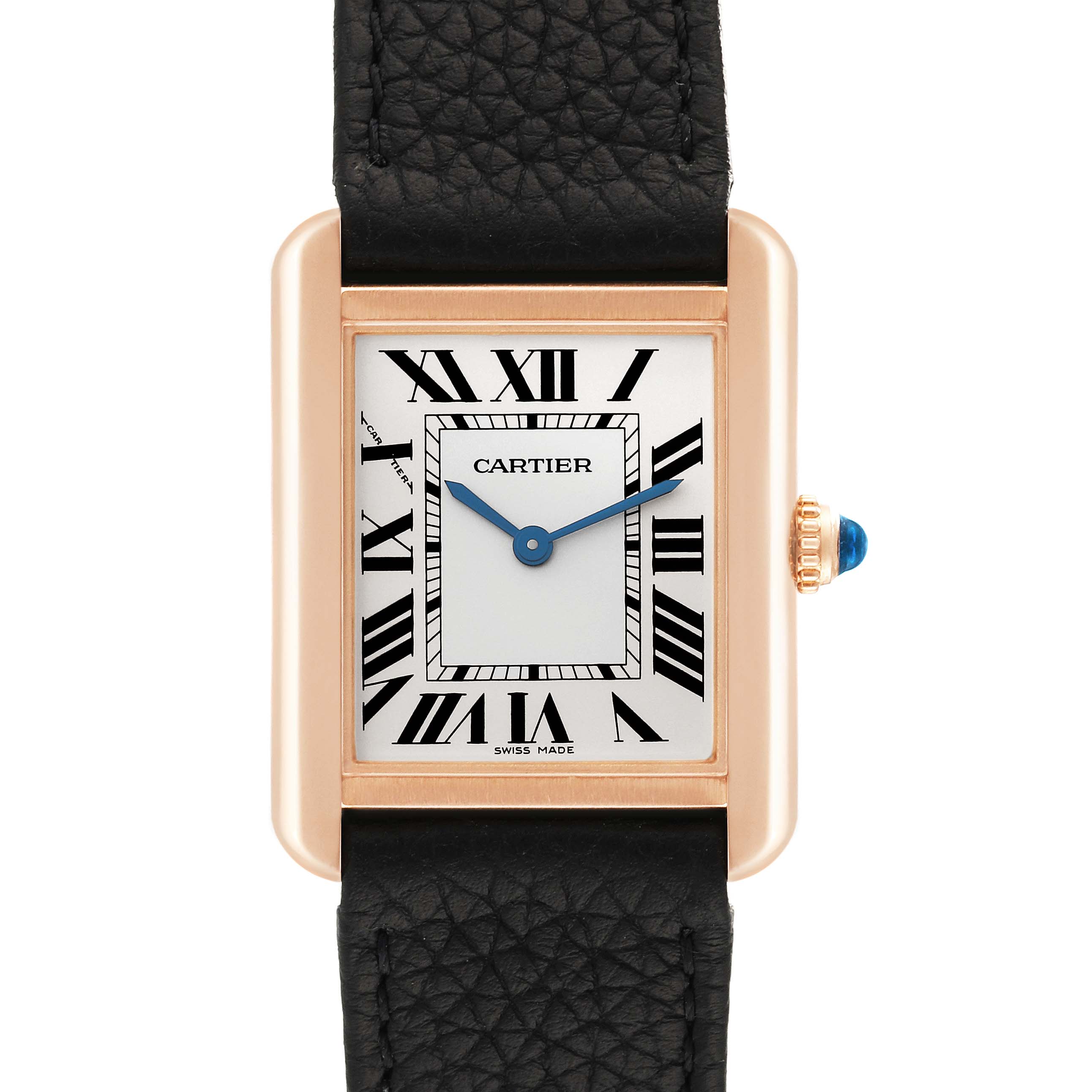 The Cartier Tank Solo W5200024 Women's Rose Gold Silver Dial W5200024 Women's Rose Gold Silver Dial watch is shown from a front angle, highlighting its rectangular face, Roman numerals, and black leather strap.