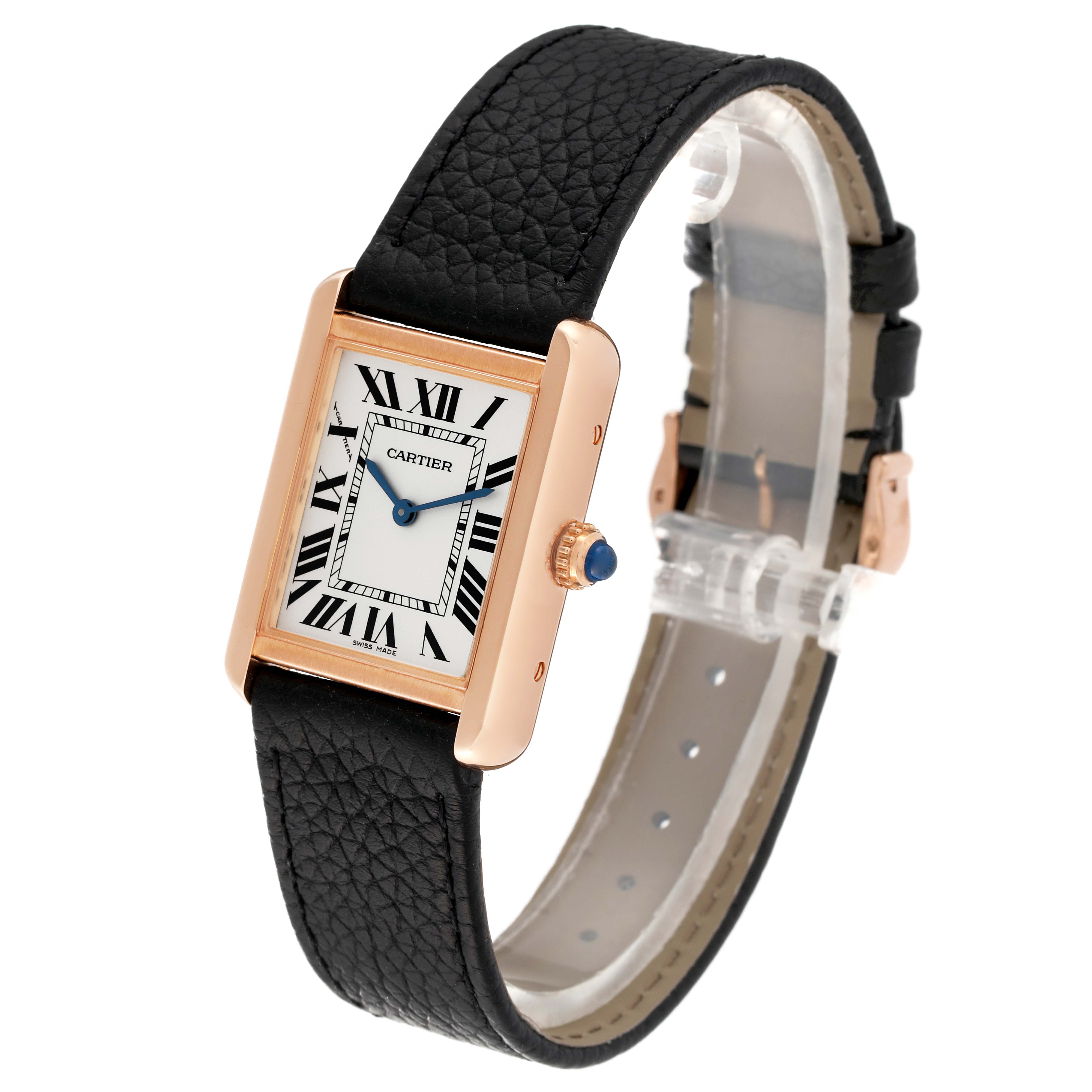 The image shows a left-angled view of the Cartier Tank Solo W5200024 Women's Rose Gold Silver Dial W5200024 Women's Rose Gold Silver Dial watch, highlighting its rectangular face, black leather strap, and gold casing.