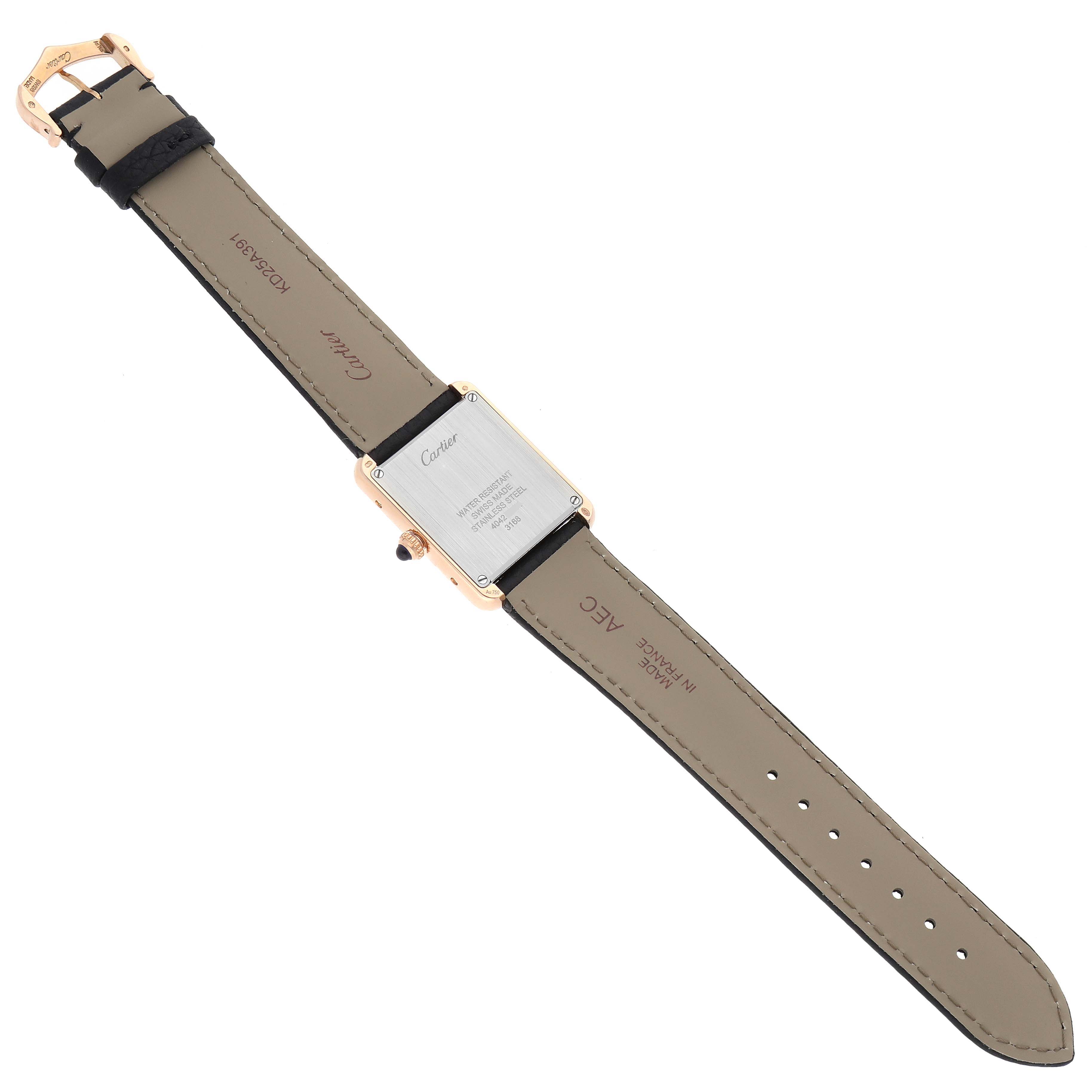 The image shows the backside and strap of a Cartier Tank Solo W5200024 Women's Rose Gold Silver Dial W5200024 Women's Rose Gold Silver Dial watch, displaying the case back and leather band details.