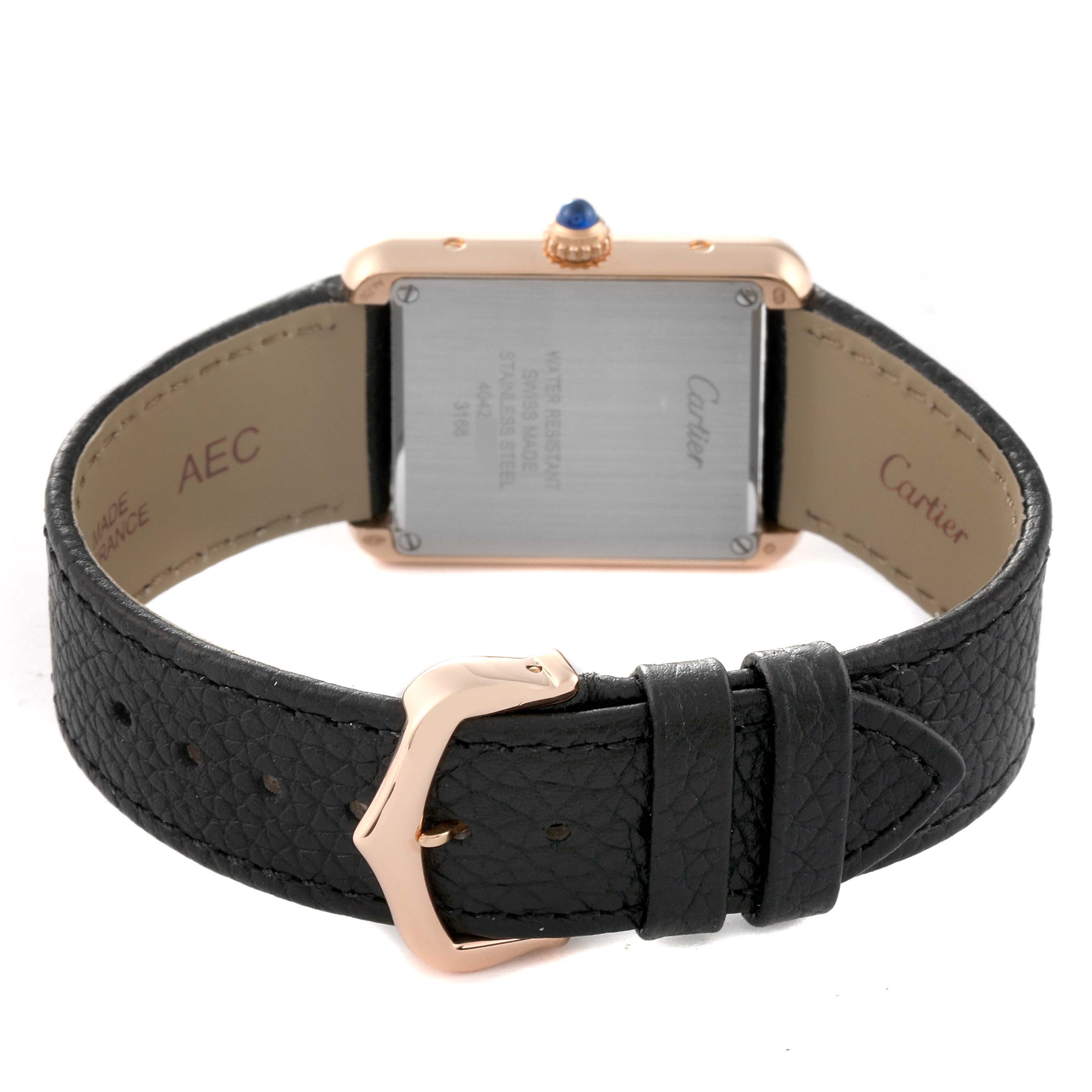 This image shows the back case and strap of a Cartier Tank Solo W5200024 Women's Rose Gold Silver Dial W5200024 Women's Rose Gold Silver Dial watch, highlighting the leather band and clasp.