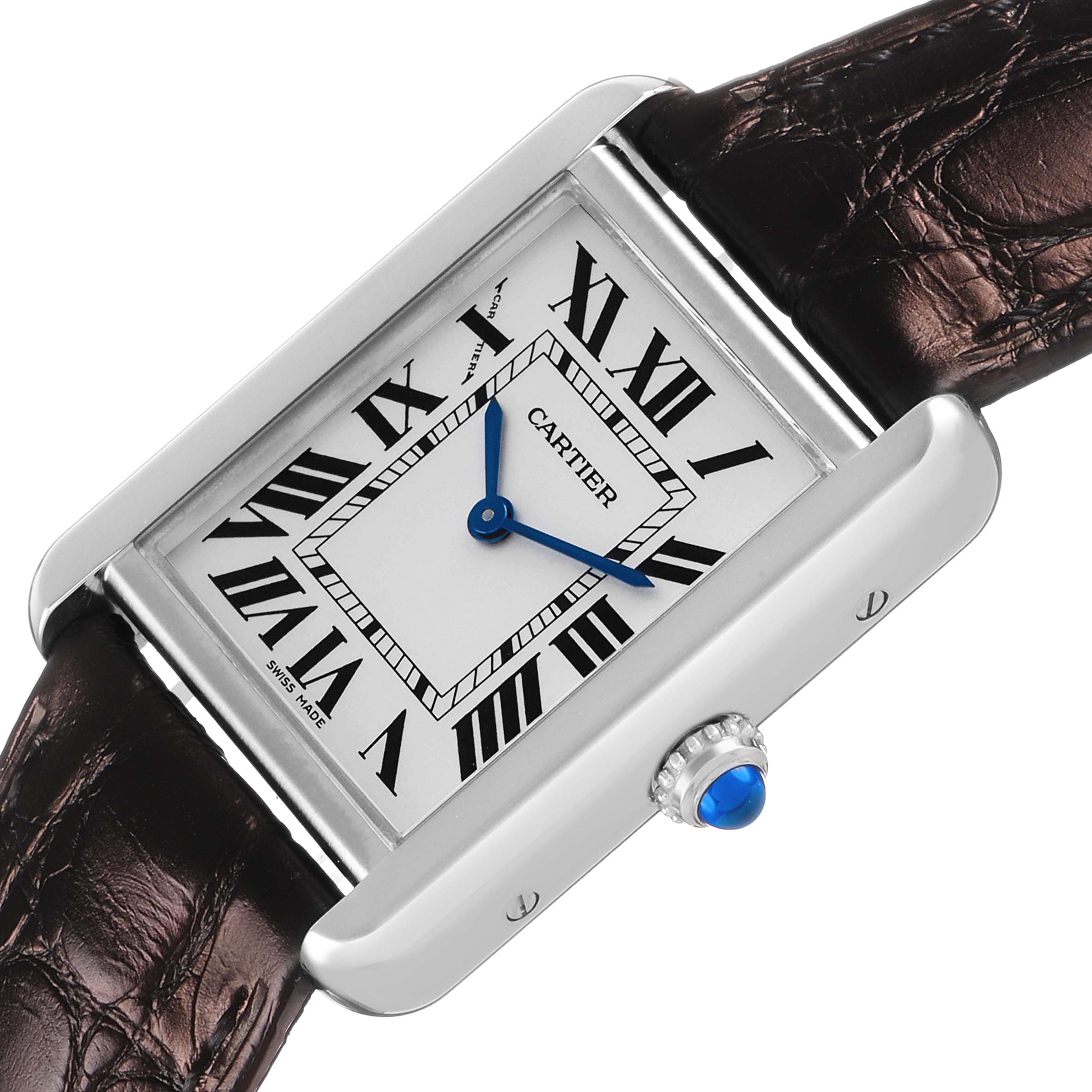 The Cartier Tank Solo W5200005 Women's Stainless Steel Silver Dial watch is shown at a slight angle, highlighting the dial, bezel, blue hands, and crown with a blue cabochon.
