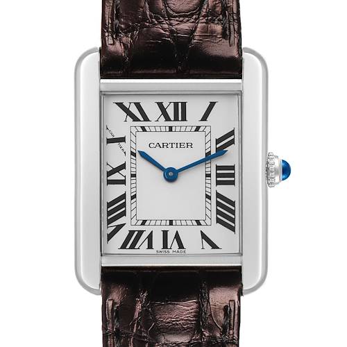 The Cartier Tank Solo W5200005 Women's Stainless Steel Silver Dial watch is shown from a front angle, highlighting its face, Roman numerals, blued hands, and crown.