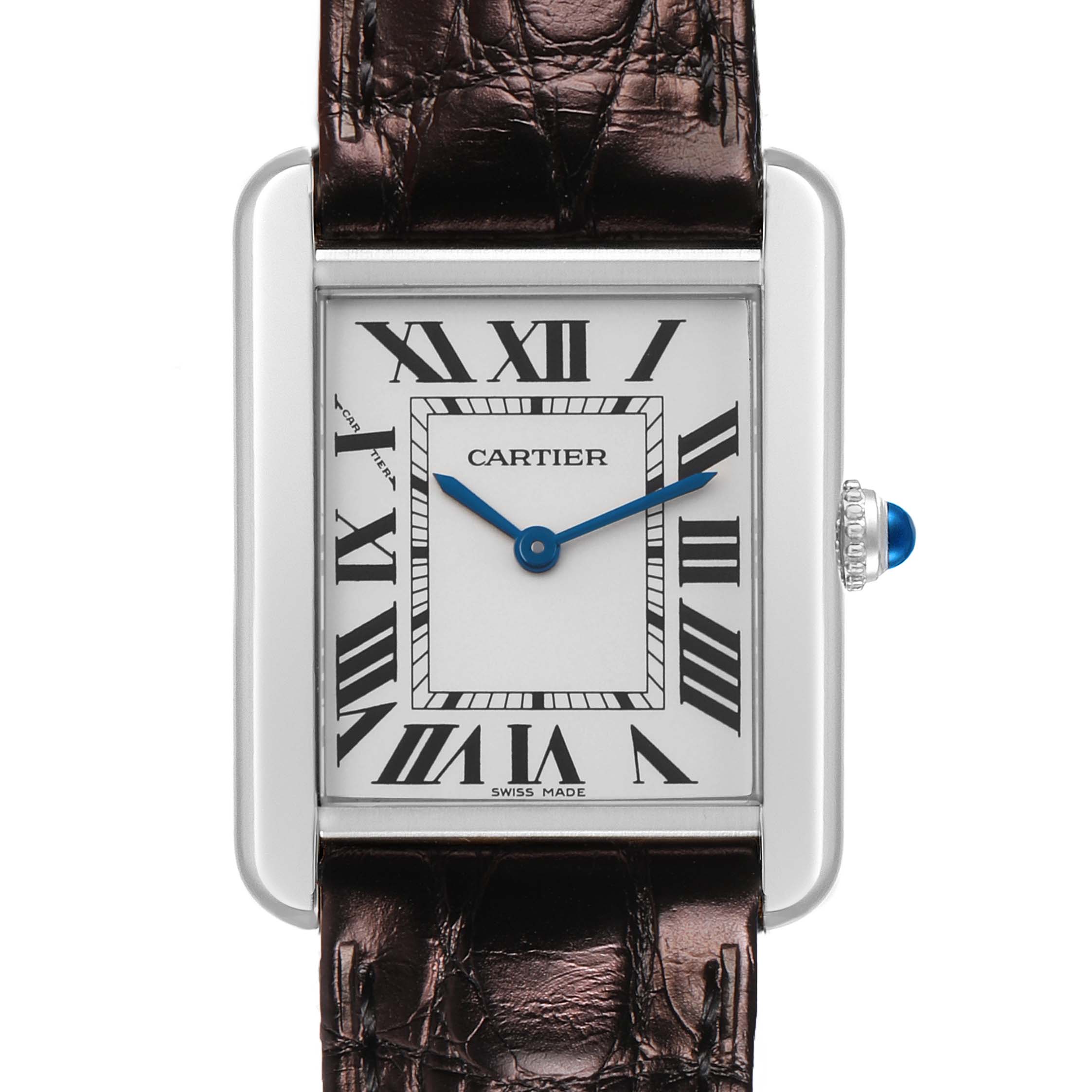 The image shows a frontal view of the Cartier Tank Solo W5200005 Women's Stainless Steel Silver Dial watch, highlighting its rectangular face, Roman numerals, and leather strap.