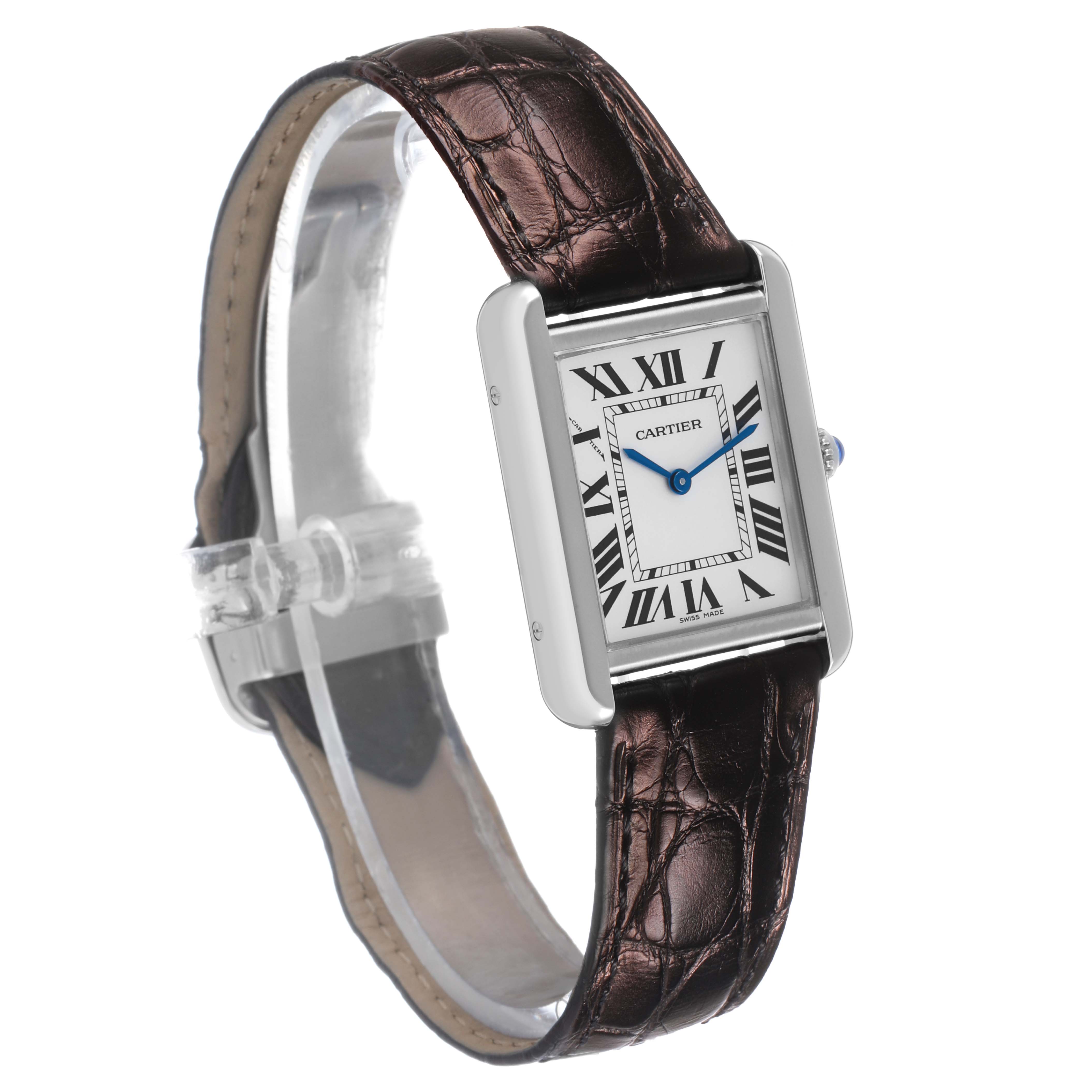 The Cartier Tank Solo W5200005 Women's Stainless Steel Silver Dial watch is shown at an angled side view, highlighting its rectangular face, Roman numerals, blue hands, and leather strap.