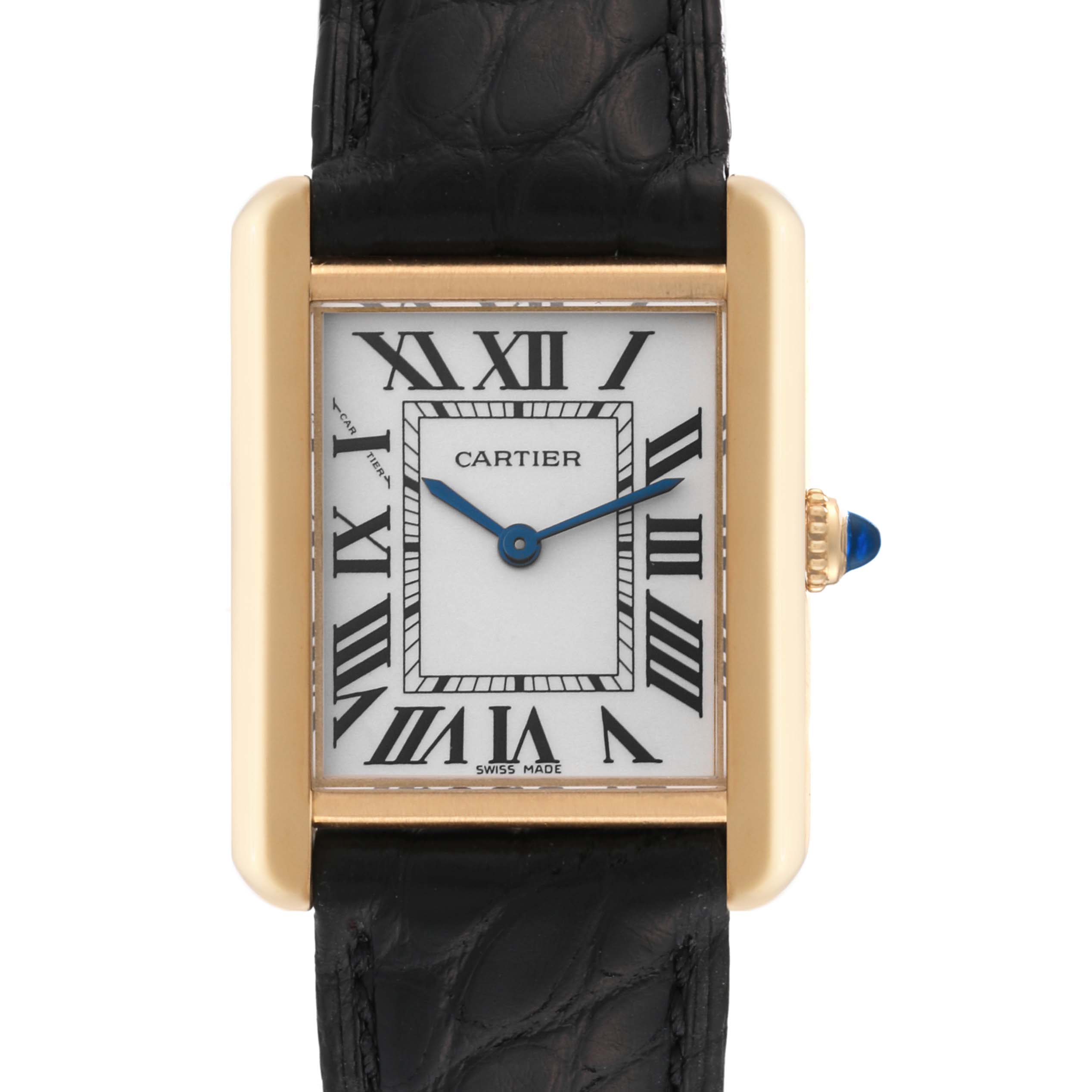 This image shows a front view of the Cartier Tank Solo W1018755 Women
s Steel and Gold (two tone) Silver Dial W1018755 Women
s Steel and Gold (two tone) Silver Dial watch, focusing on its rectangular dial, gold case, and leather strap.