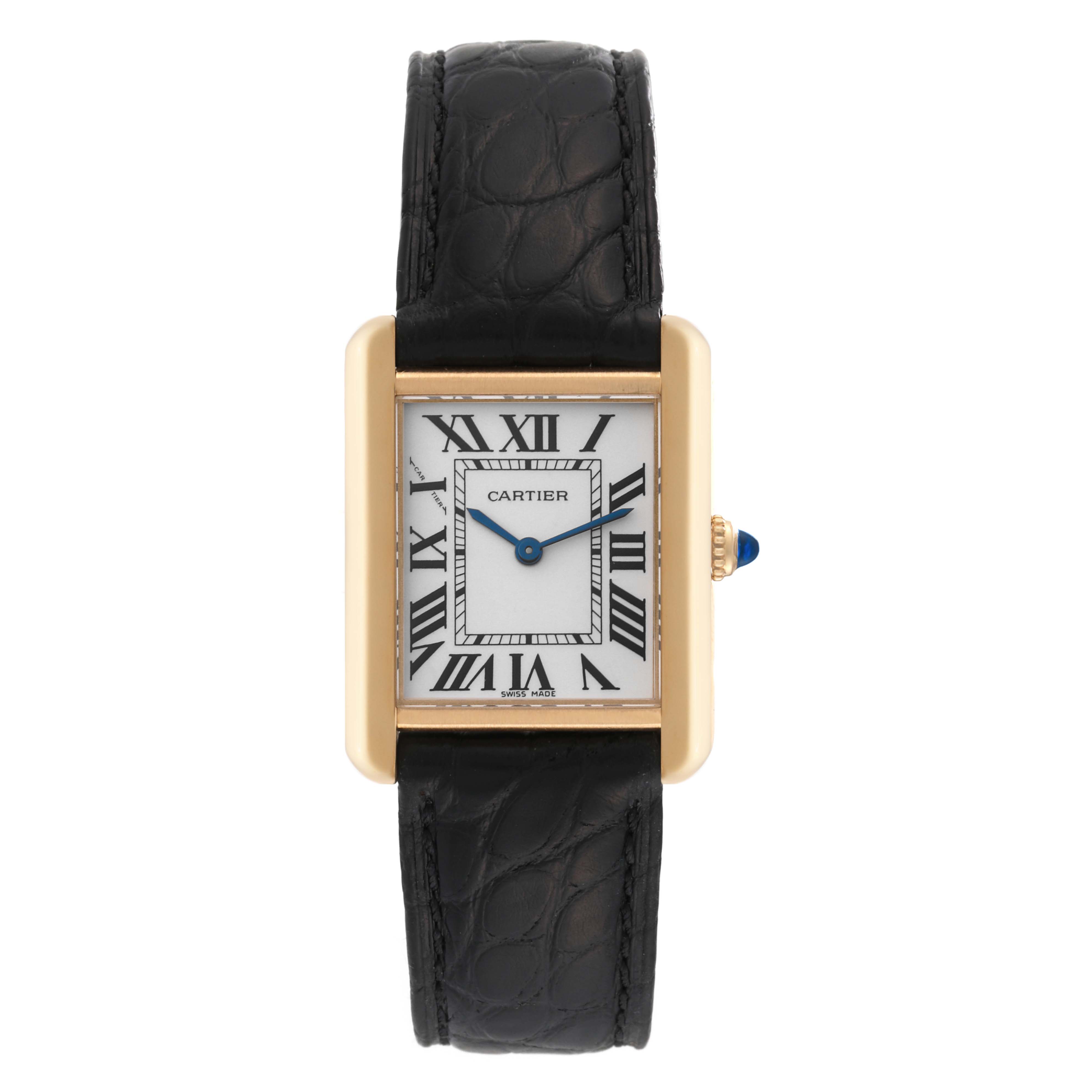 This image shows a front view of the Cartier Tank Solo W1018755 Women
s Steel and Gold (two tone) Silver Dial W1018755 Women
s Steel and Gold (two tone) Silver Dial watch, featuring its rectangular dial and black leather strap.