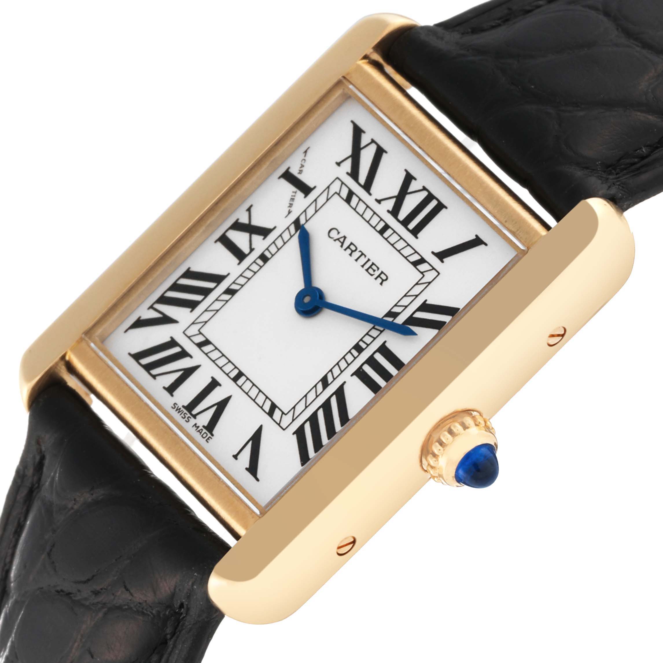 The Cartier Tank Solo W1018755 Women
s Steel and Gold (two tone) Silver Dial W1018755 Women
s Steel and Gold (two tone) Silver Dial watch is shown from a slightly angled top view, highlighting its rectangular face, Roman numerals, and crown with a blue cabochon.