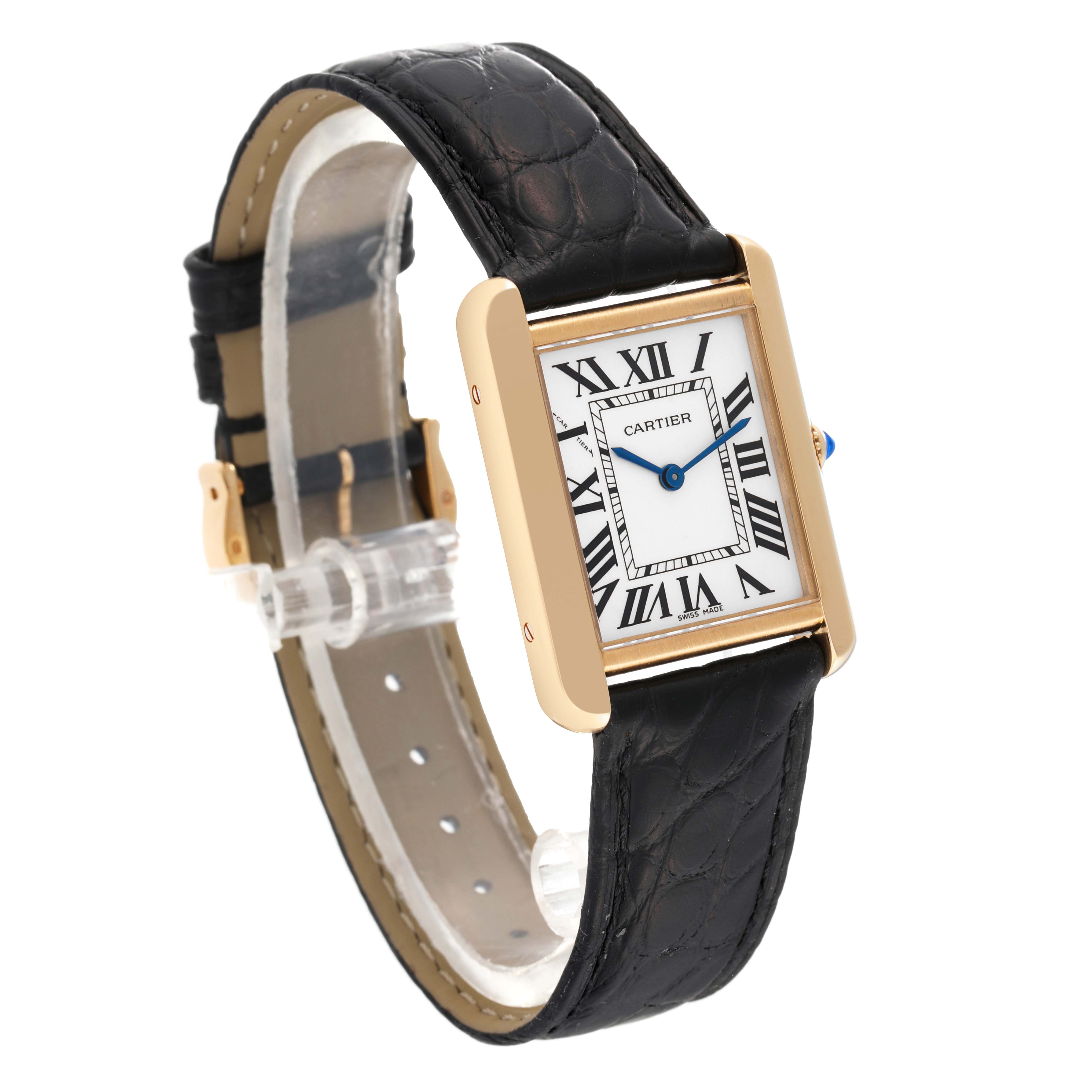 The image shows a Cartier Tank Solo W1018755 Women
s Steel and Gold (two tone) Silver Dial W1018755 Women
s Steel and Gold (two tone) Silver Dial watch at a three-quarter angle, highlighting its rectangular face, black leather strap, and gold casing.