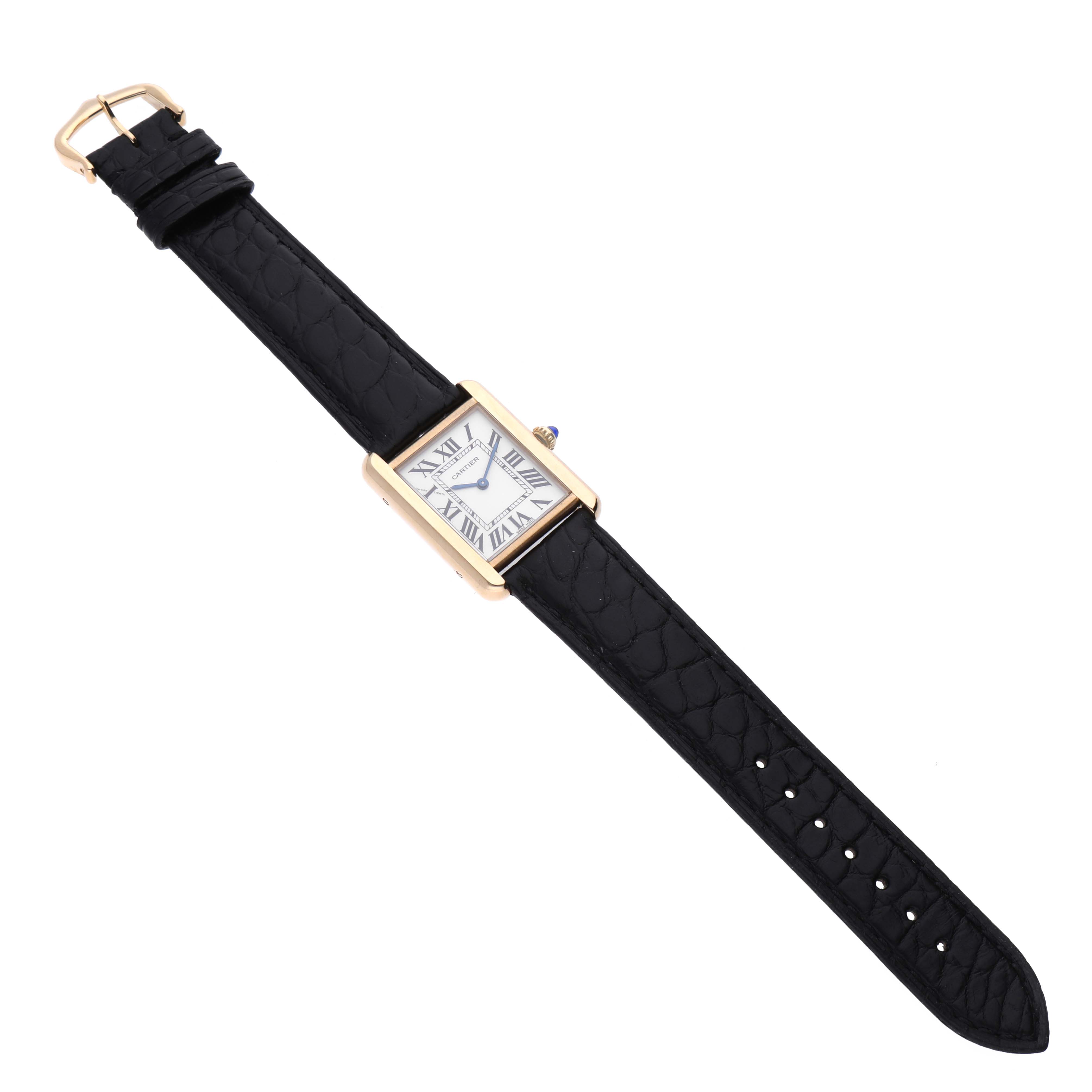 The image shows a Cartier Tank Solo W1018755 Women
s Steel and Gold (two tone) Silver Dial W1018755 Women
s Steel and Gold (two tone) Silver Dial watch at an angled aerial view, highlighting its black leather strap and square-faced dial.