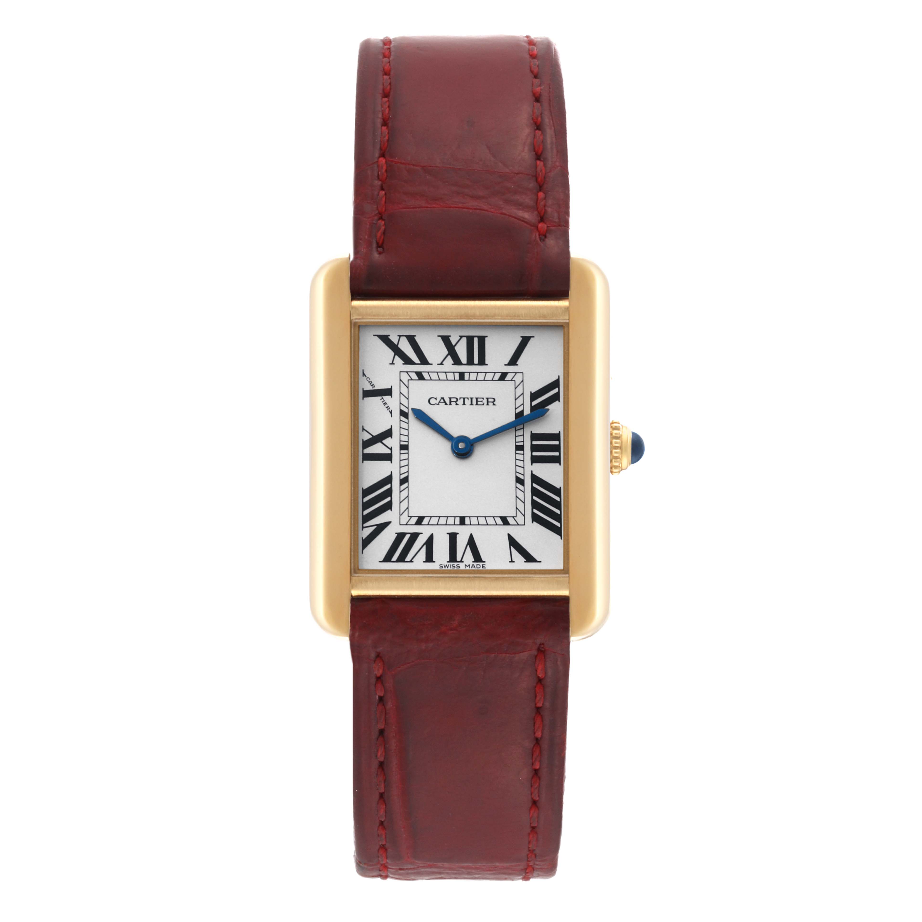 The image shows a front view of the Cartier Tank Solo W5200002 Women's Steel and Gold (two tone) Silver Dial W5200002 Women's Steel and Gold (two tone) Silver Dial watch, highlighting the face, case, and leather strap.