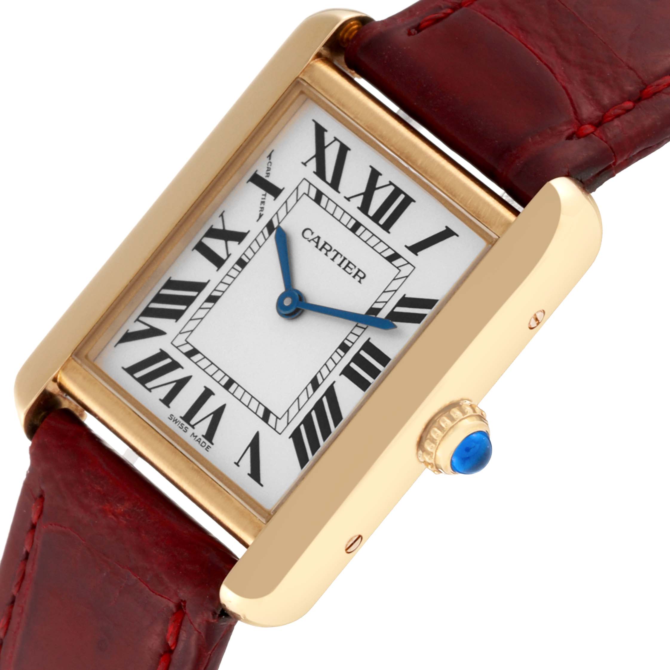 The Cartier Tank Solo W5200002 Women's Steel and Gold (two tone) Silver Dial W5200002 Women's Steel and Gold (two tone) Silver Dial watch is shown at a slight angle, highlighting its rectangular face, Roman numerals, blue hands, and gold casing with a red leather strap.