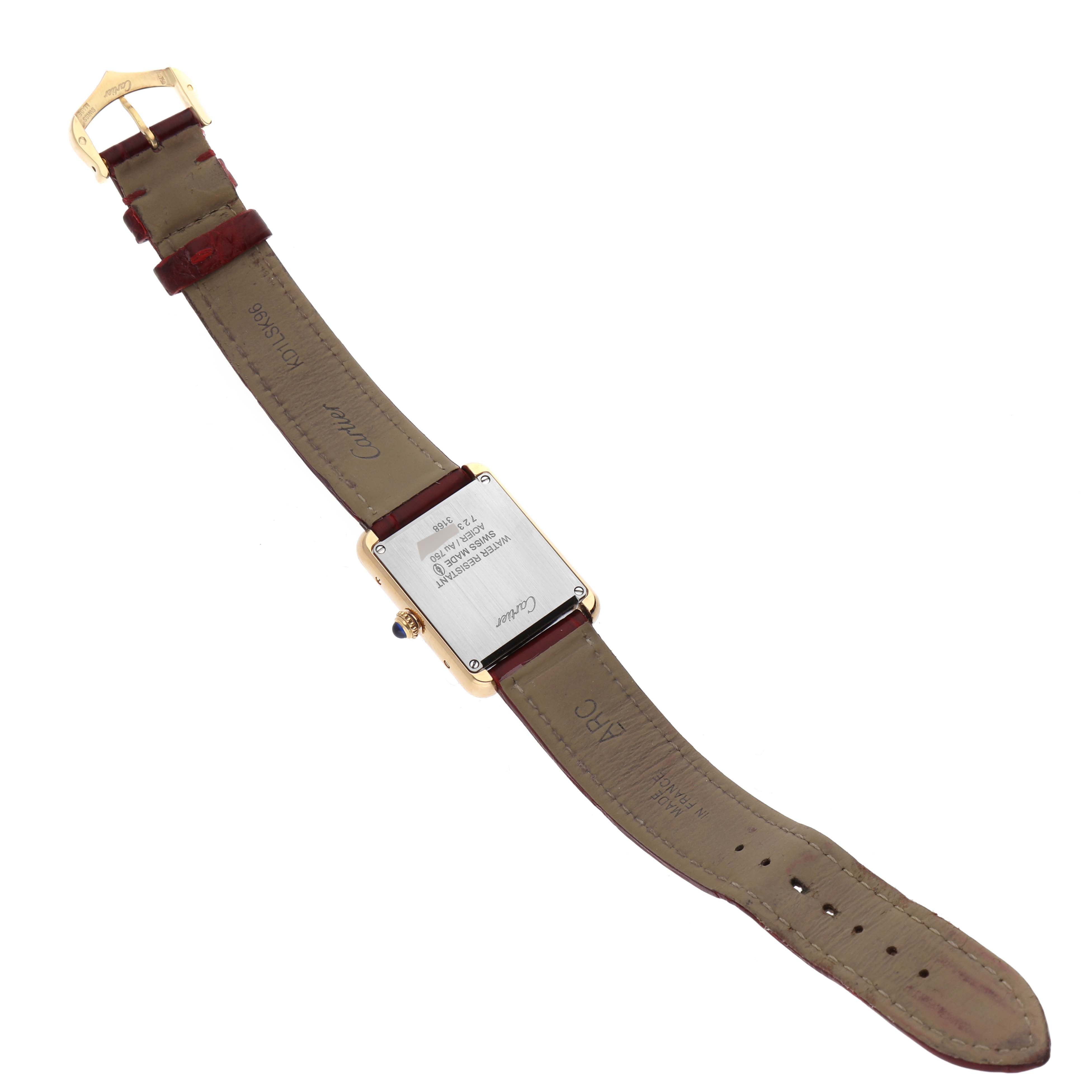 The image shows the back view of a Cartier Tank Solo W5200002 Women's Steel and Gold (two tone) Silver Dial W5200002 Women's Steel and Gold (two tone) Silver Dial watch, displaying the strap, buckle, and back of the case.