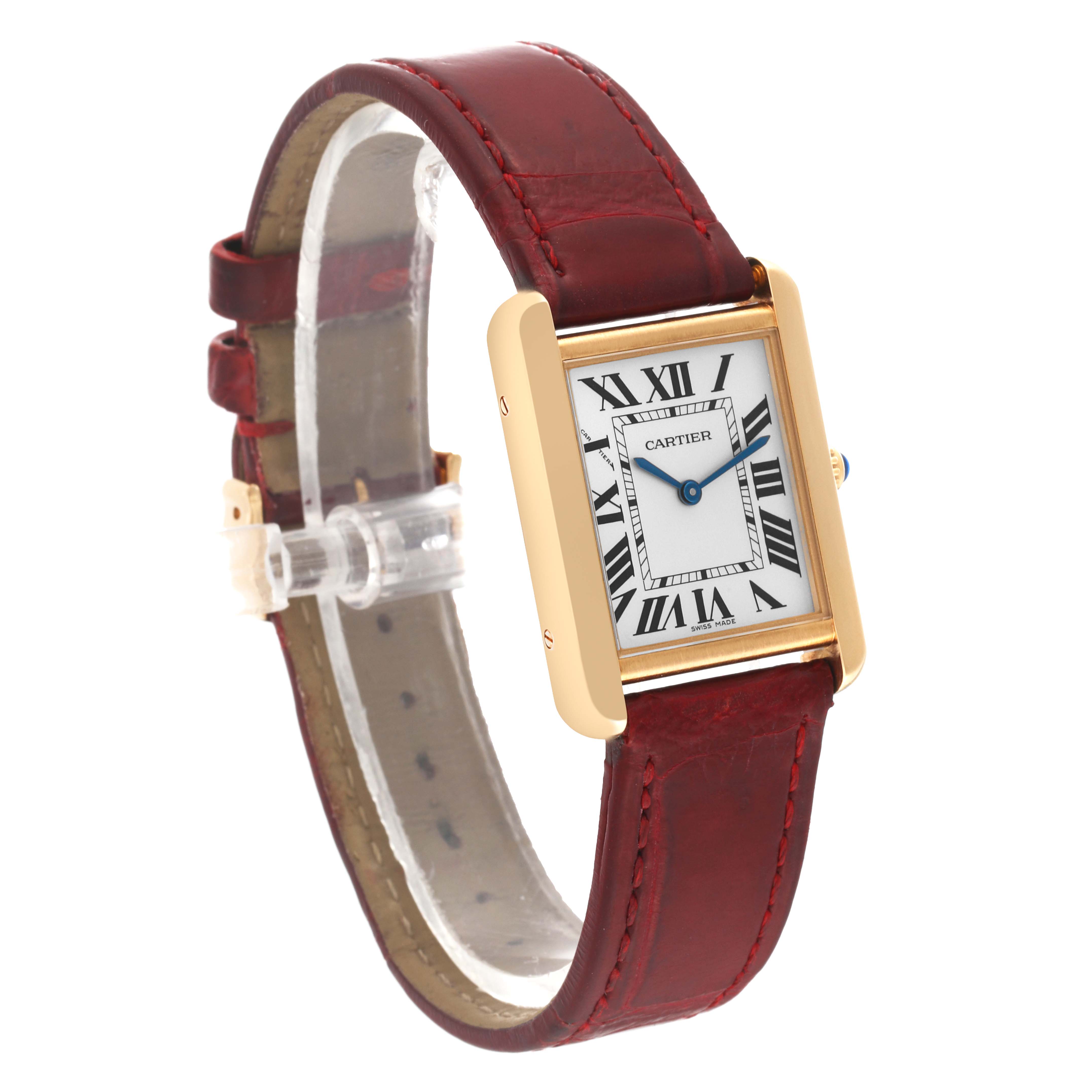 The Cartier Tank Solo W5200002 Women's Steel and Gold (two tone) Silver Dial W5200002 Women's Steel and Gold (two tone) Silver Dial watch is shown at an angle displaying its face, gold casing, and red leather strap.