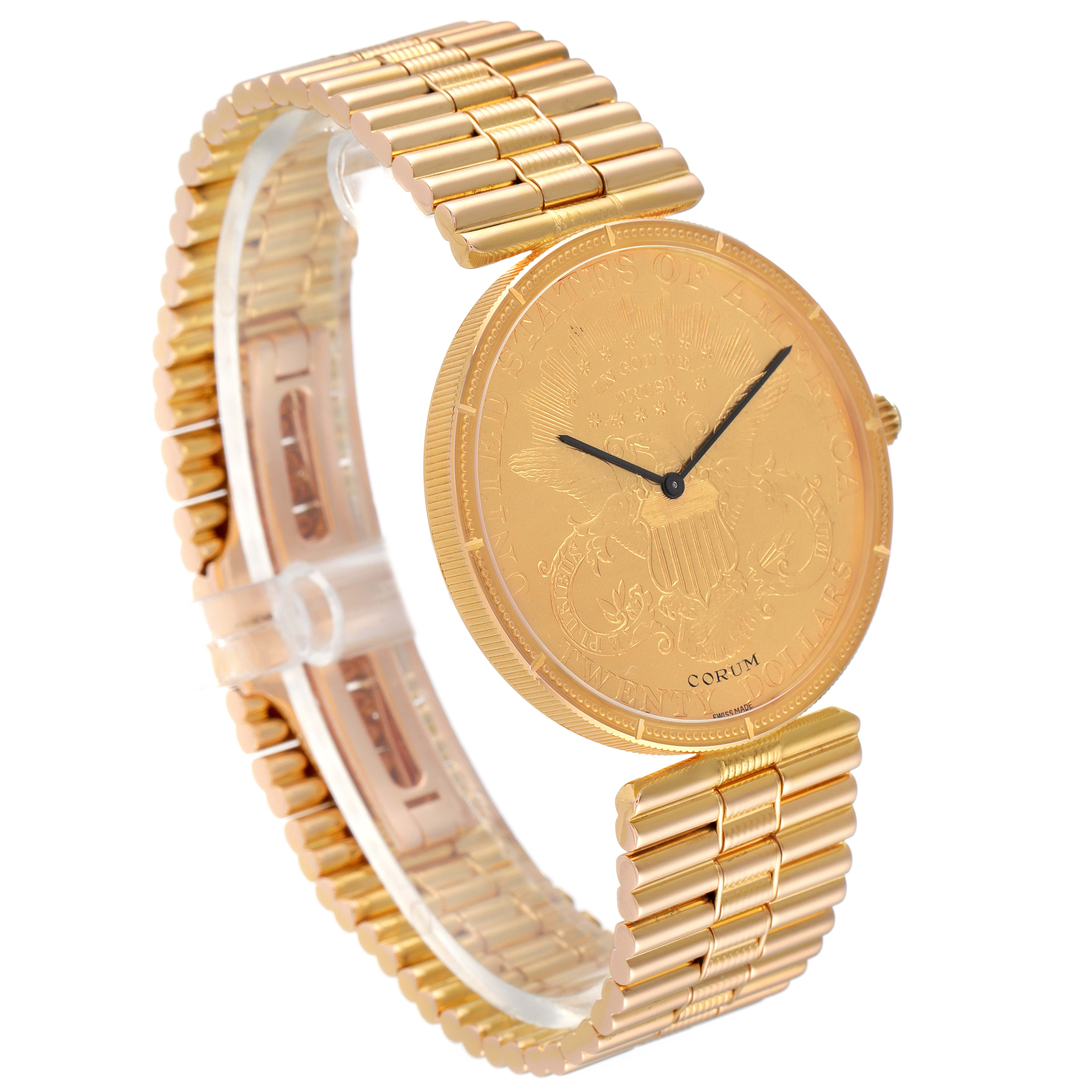 The image shows a Corum Coin Watch Men's Yellow Gold Black Dial Men's Yellow Gold Black Dial model at an angled view, displaying its face, case, and gold bracelet.