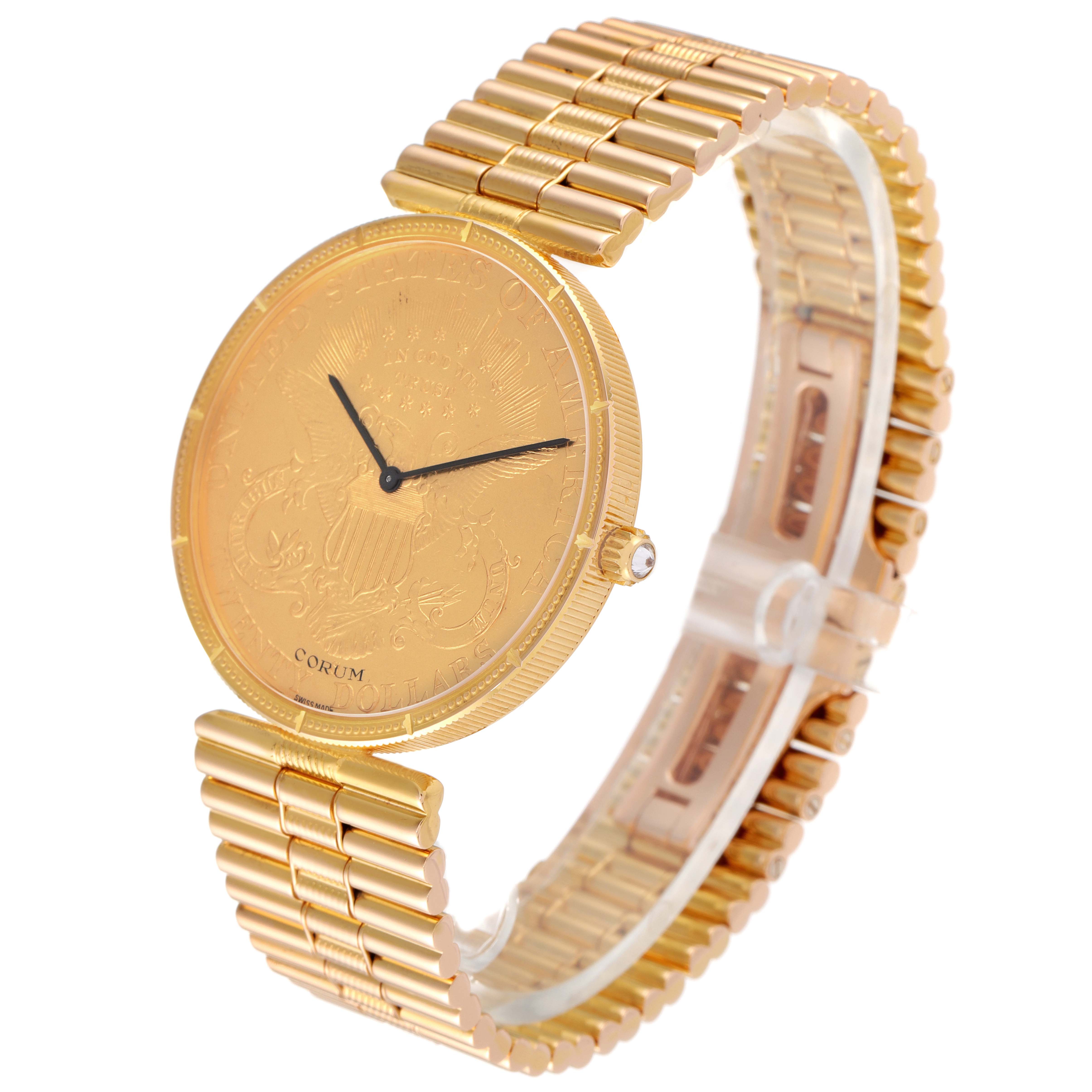 The Corum Coin Watch Men's Yellow Gold Black Dial Men's Yellow Gold Black Dial model is shown from a front angle, highlighting its engraved dial, gold bracelet, and side crown.