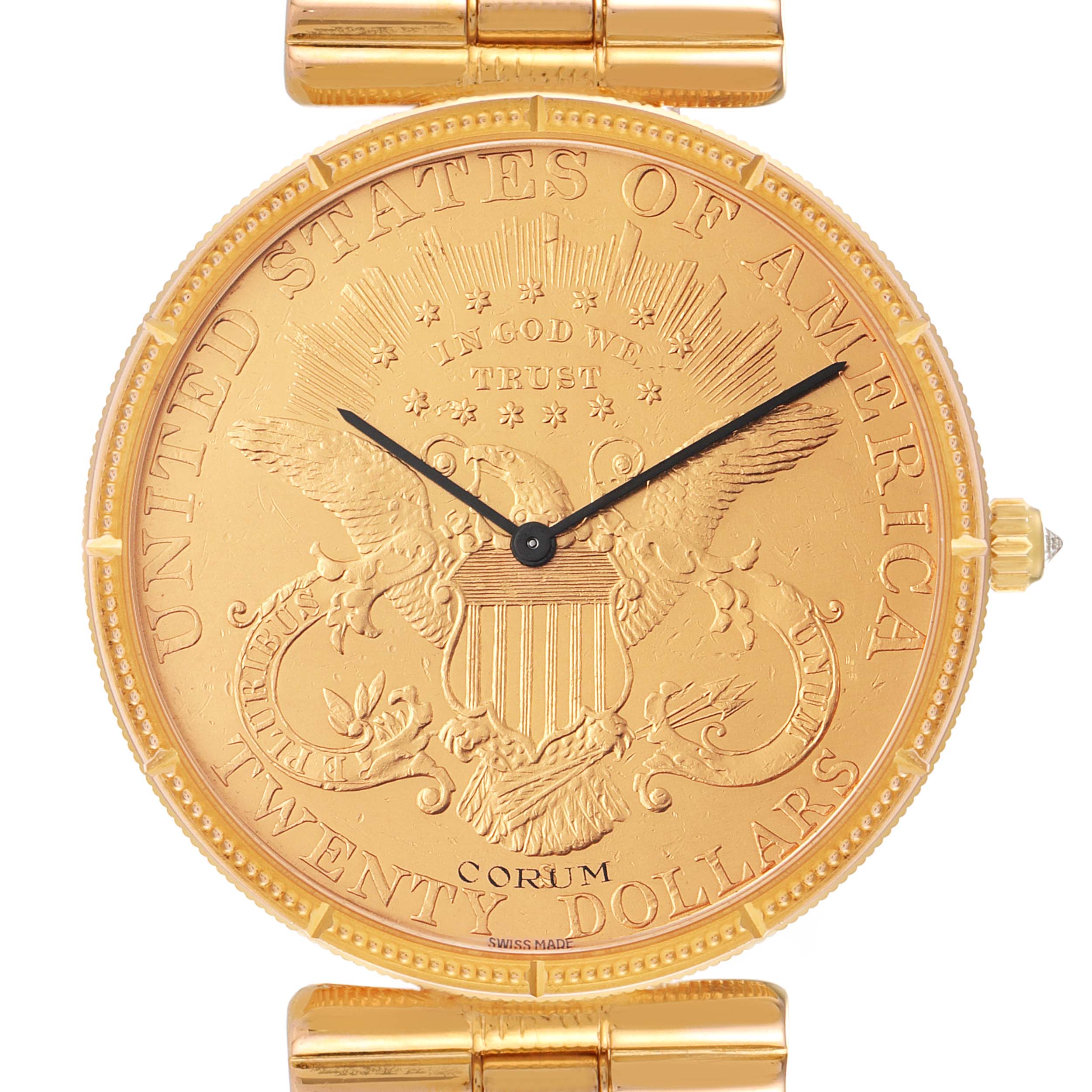 The Corum Coin Watch Men's Yellow Gold Black Dial Men's Yellow Gold Black Dial model is shown from the front, displaying its gold coin face and detailed engravings.