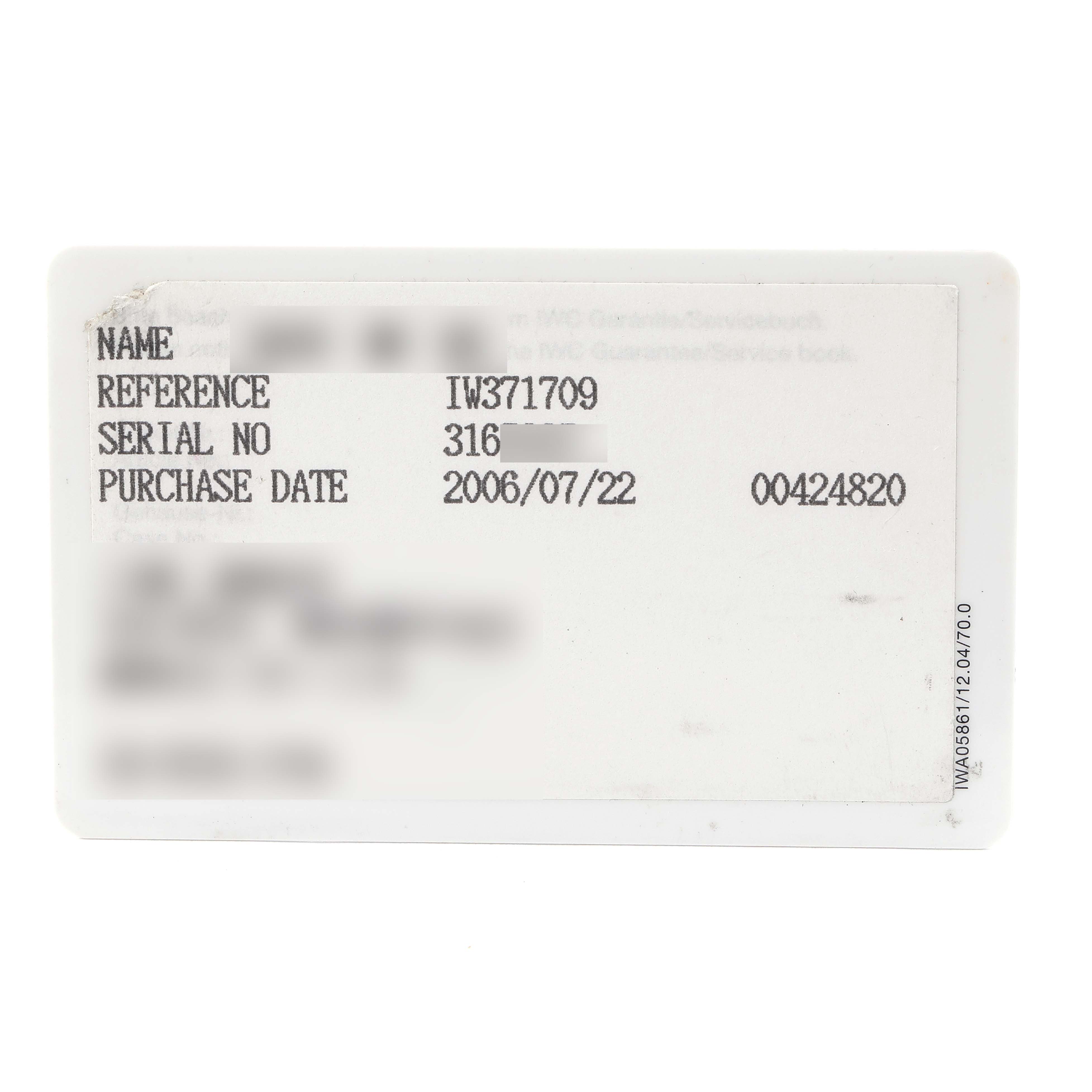 The image shows a warranty or authentication card for the IWC Pilot IW371709 Men's Stainless Steel Brown Dial IW371709 Men's Stainless Steel Brown Dial watch, model reference IW371709.