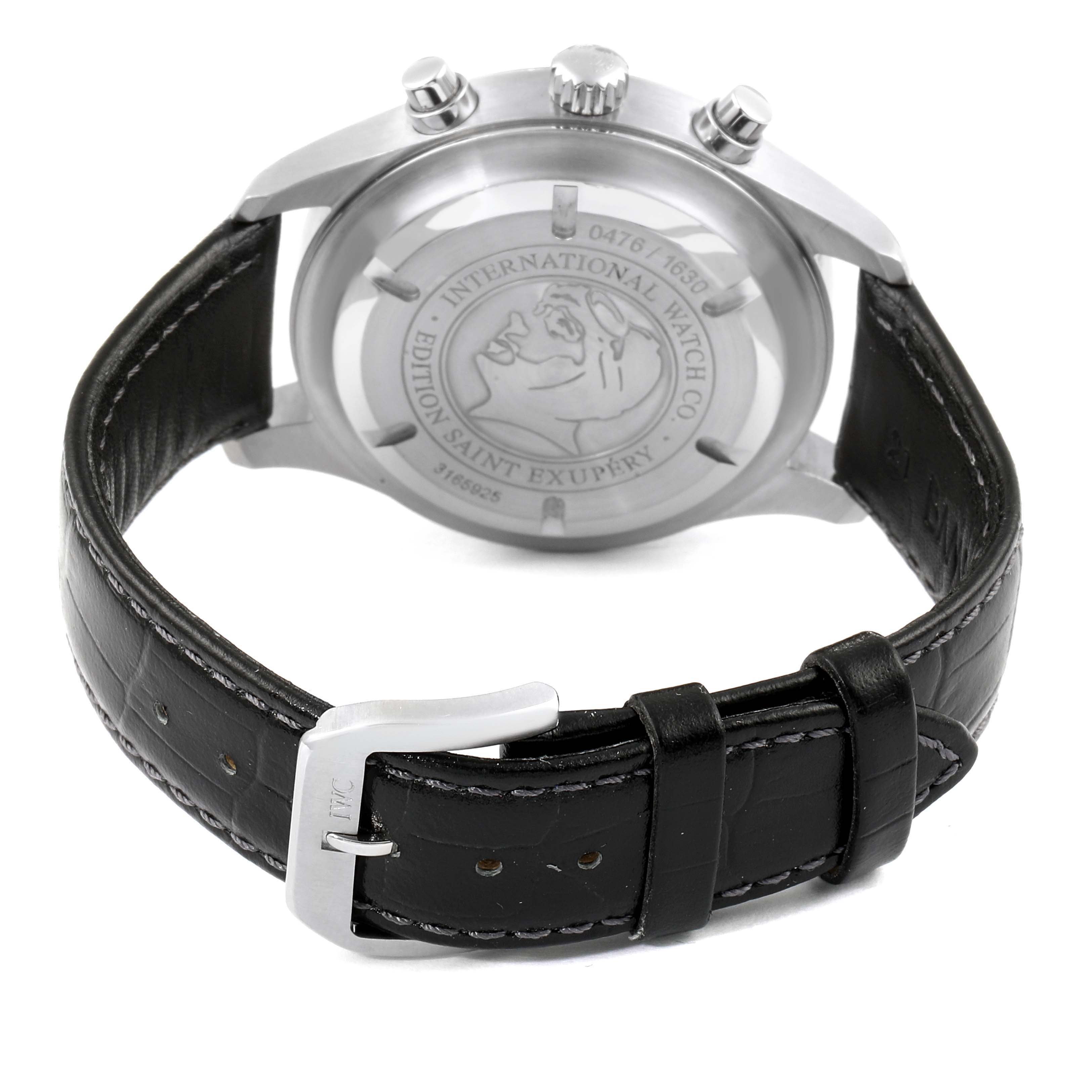 The image shows the back view of an IWC Pilot IW371709 Men's Stainless Steel Brown Dial IW371709 Men's Stainless Steel Brown Dial Edition Saint Exupéry watch, focusing on the case back and leather strap.