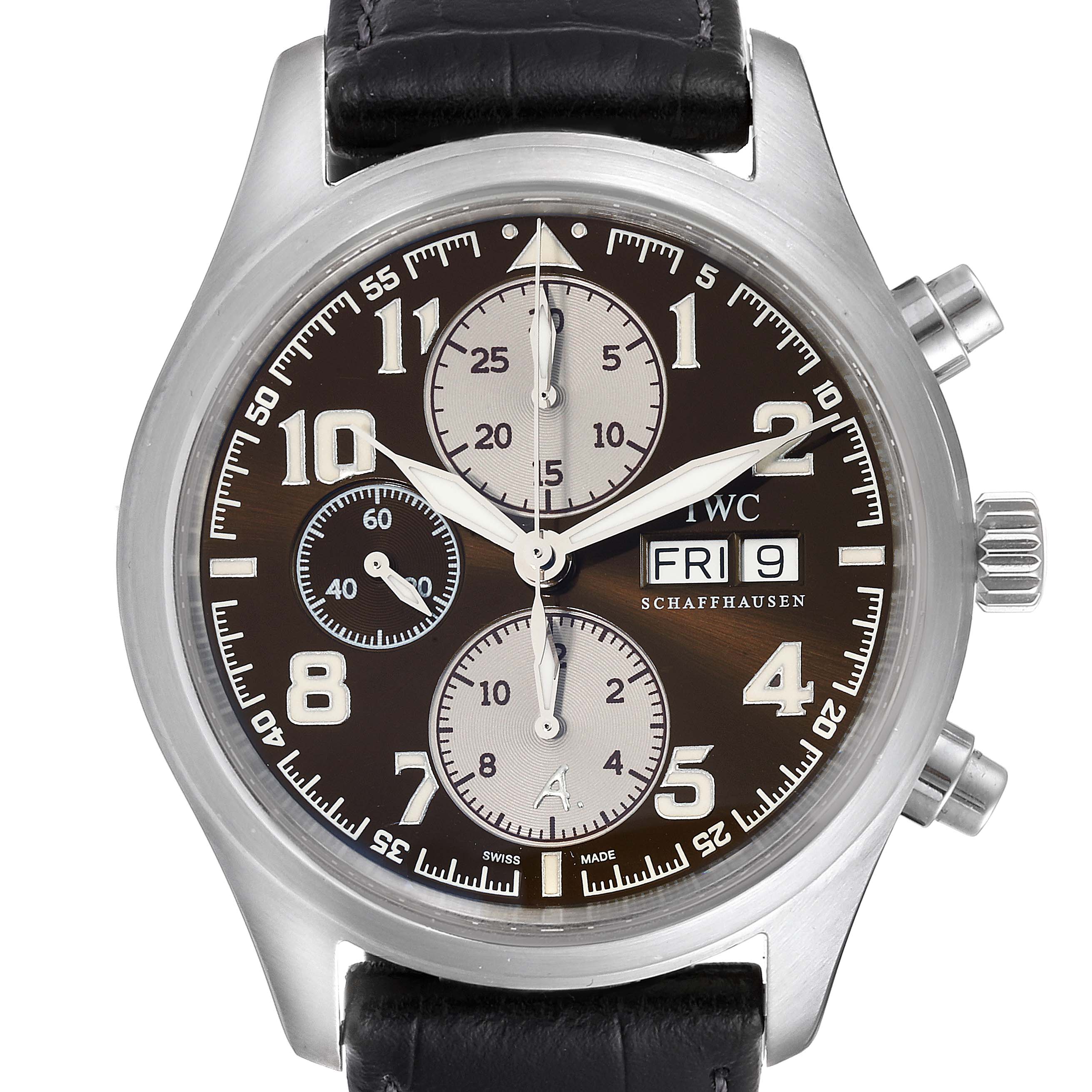 This close-up image displays the dial, chronograph subdials, crown, and pushers of the IWC Pilot IW371709 Men's Stainless Steel Brown Dial IW371709 Men's Stainless Steel Brown Dial model watch.