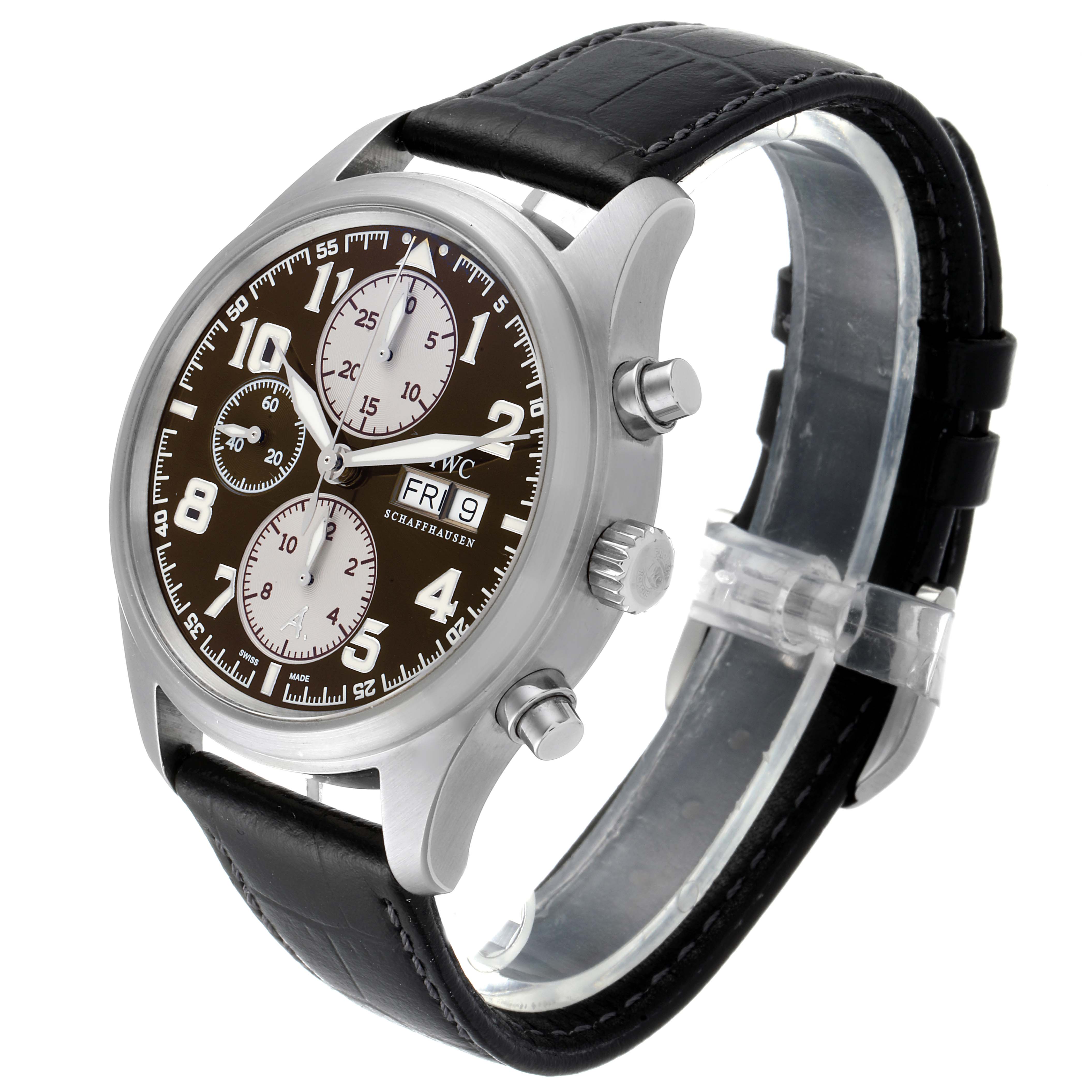 The IWC Pilot IW371709 Men's Stainless Steel Brown Dial IW371709 Men's Stainless Steel Brown Dial watch is shown at a three-quarter angle, displaying its face, side buttons, and black leather strap.