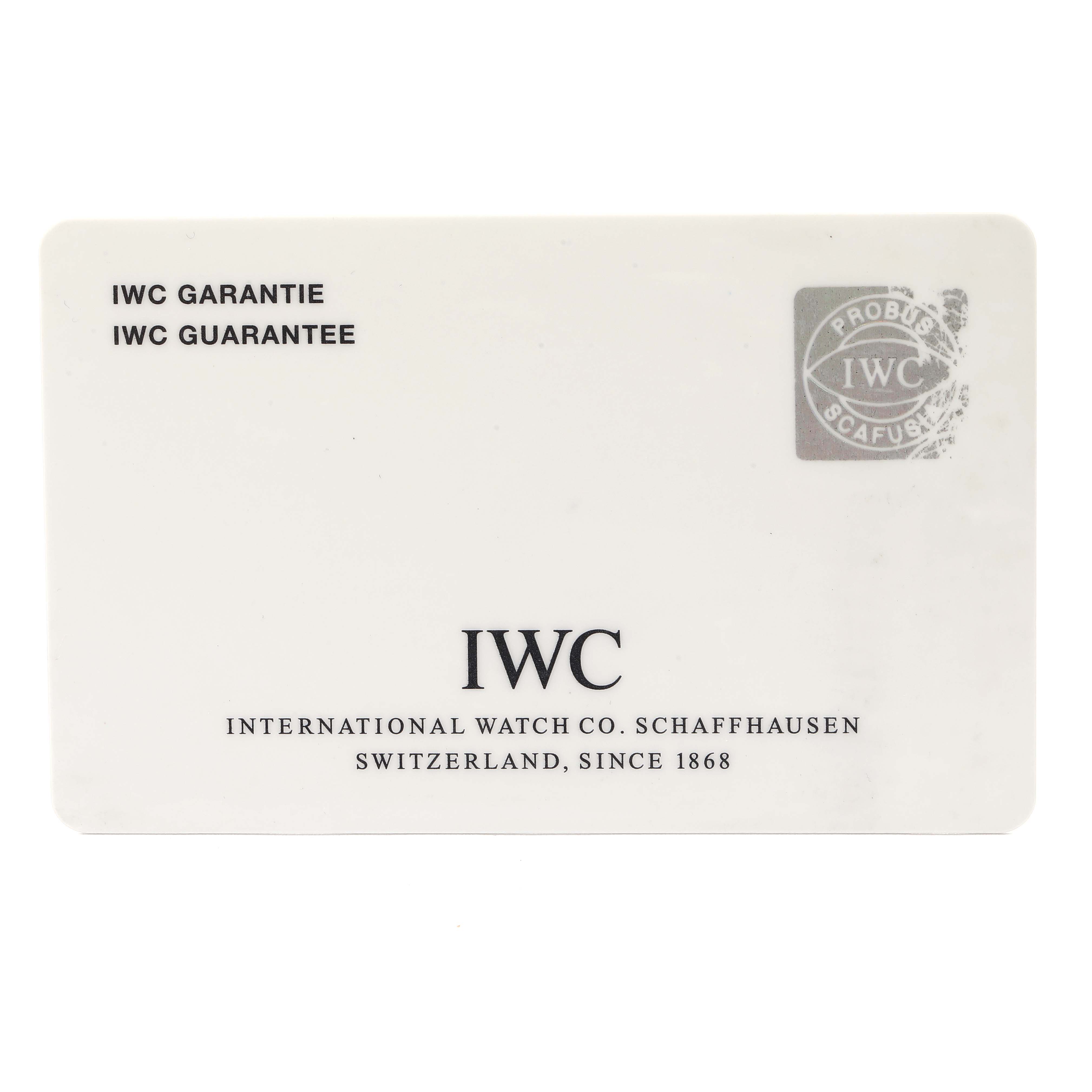 This image shows the guarantee card for the IWC Pilot IW371709 Men's Stainless Steel Brown Dial IW371709 Men's Stainless Steel Brown Dial model watch.