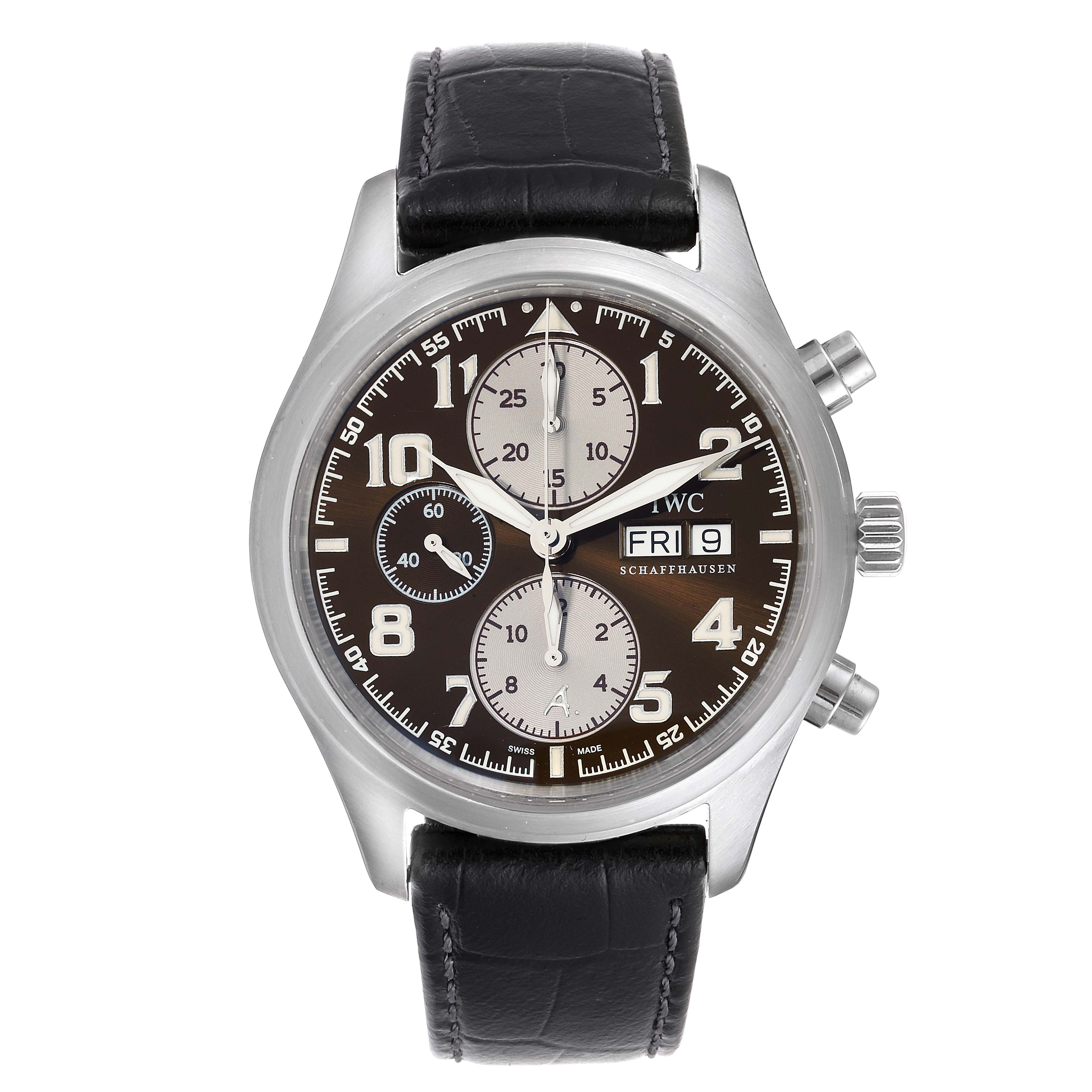 The IWC Pilot IW371709 Men's Stainless Steel Brown Dial IW371709 Men's Stainless Steel Brown Dial model watch is shown from a front angle, displaying its face, chronograph dials, date window, and leather strap.