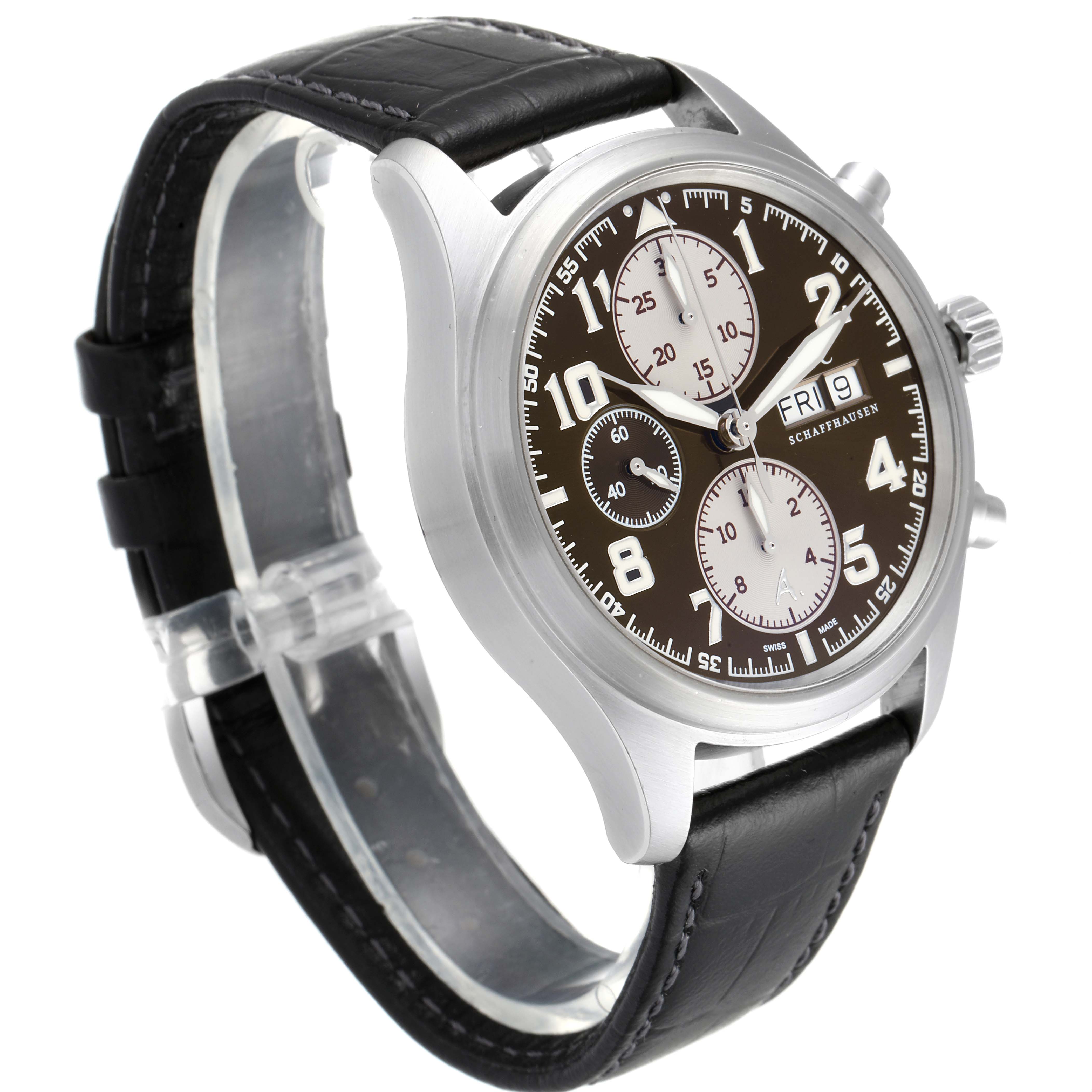 The image shows an IWC Pilot IW371709 Men's Stainless Steel Brown Dial IW371709 Men's Stainless Steel Brown Dial model watch at a three-quarter angle, highlighting the face, dial, and black leather strap.