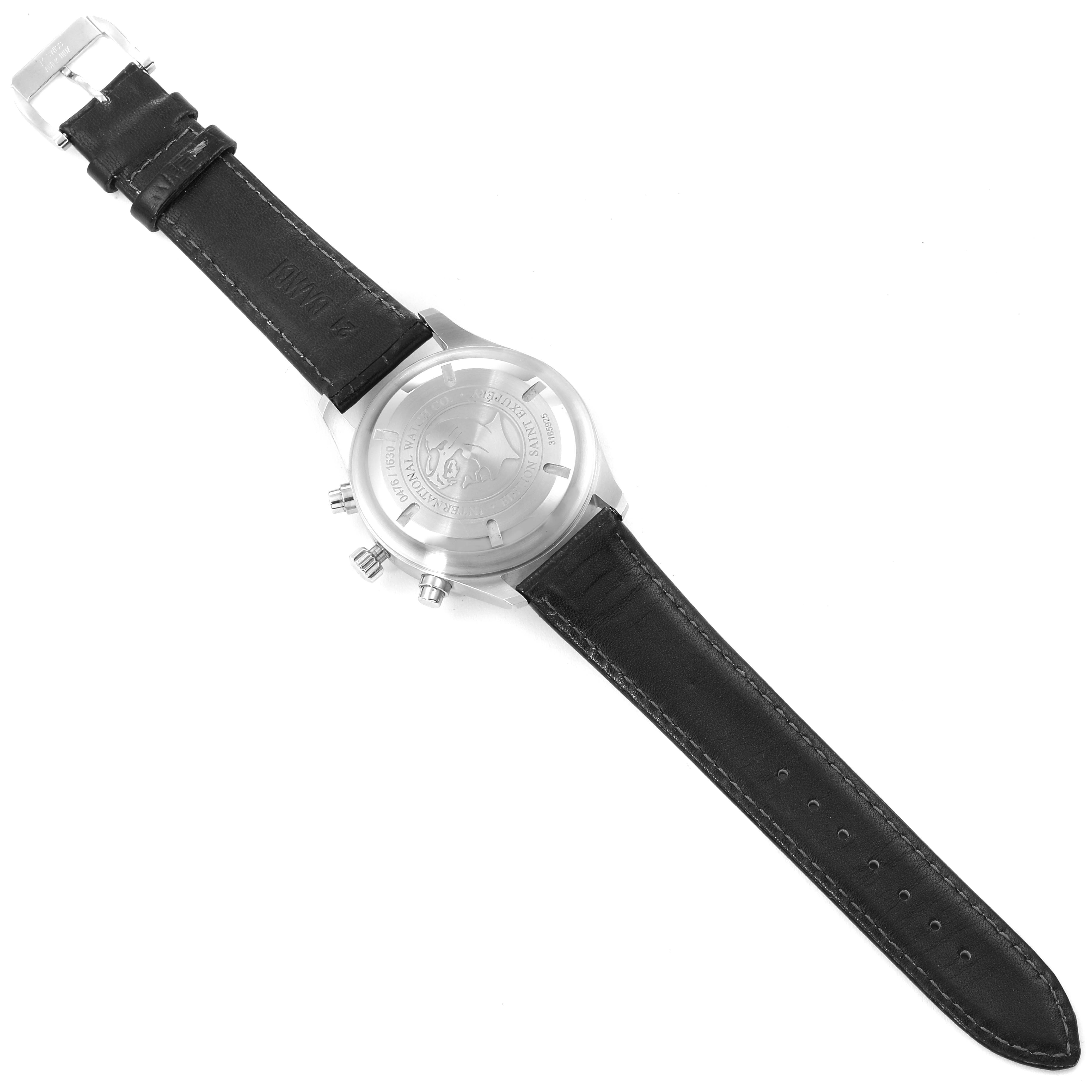 The image shows the back view of an IWC Pilot IW371709 Men's Stainless Steel Brown Dial IW371709 Men's Stainless Steel Brown Dial model watch, highlighting the case back, lugs, and the leather strap.