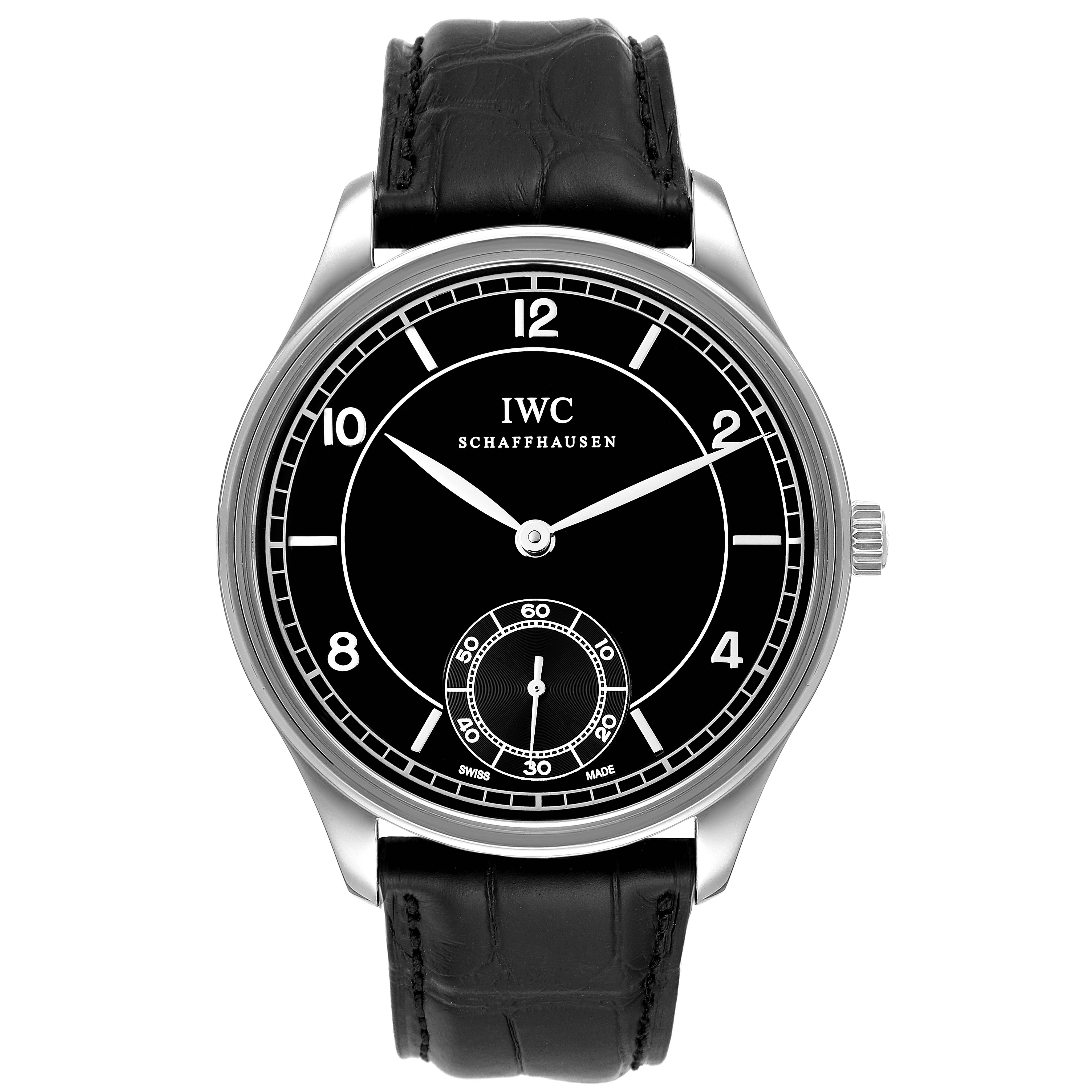 The IWC Portuguese IW544501 Men's Stainless Steel Black Dial watch is shown from a front view, highlighting the black dial, numerals, and leather strap.