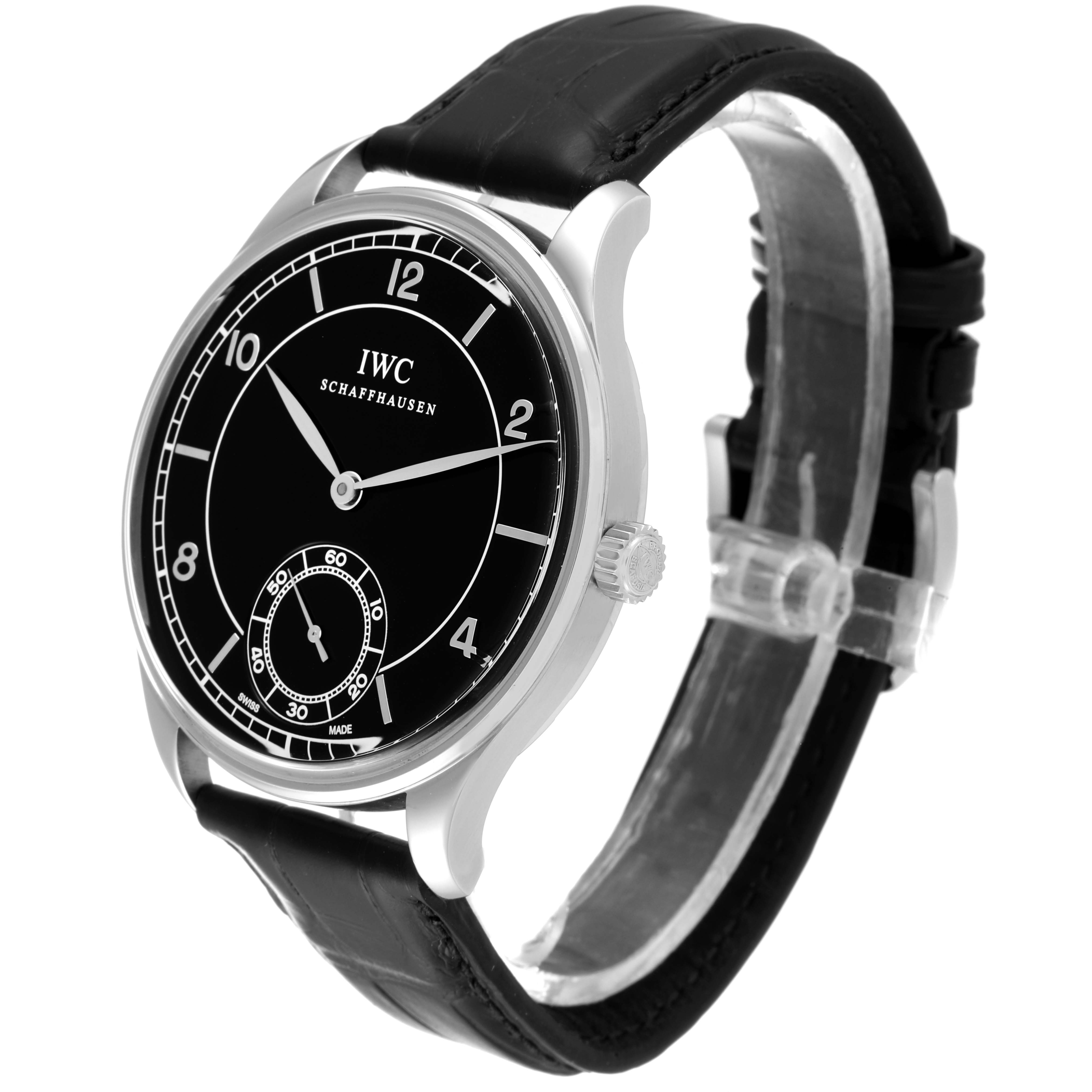 The IWC Portuguese IW544501 Men's Stainless Steel Black Dial model watch is shown at a side angle, displaying the dial, crown, and leather strap.