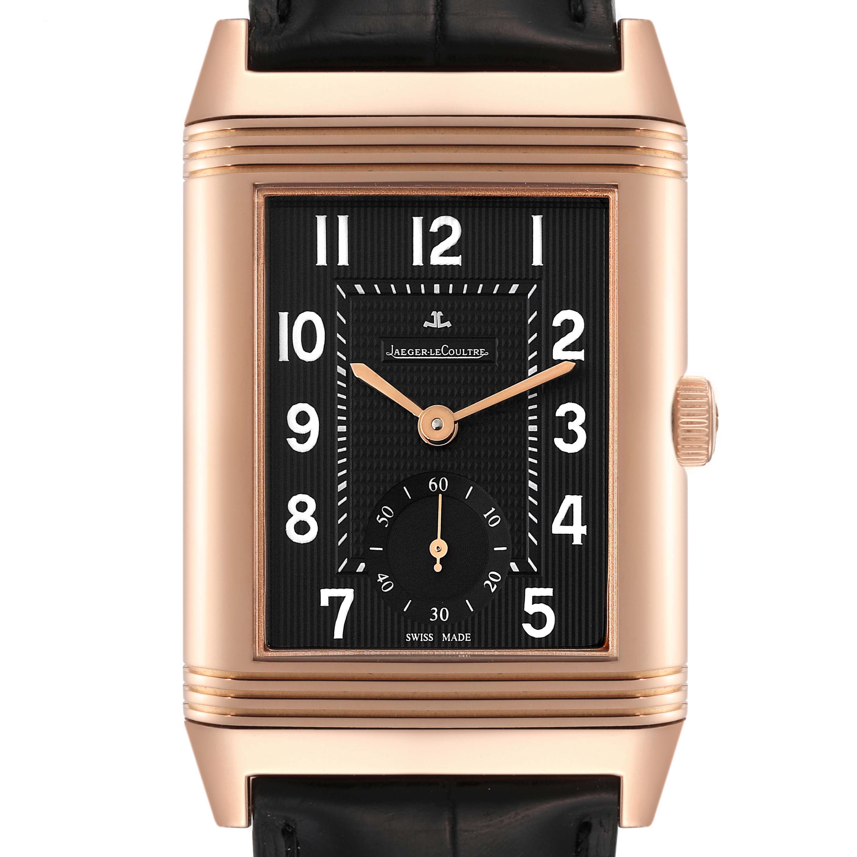 This image shows a front view of a Jaeger-LeCoultre Reverso watch with a rectangular dial and black leather strap.