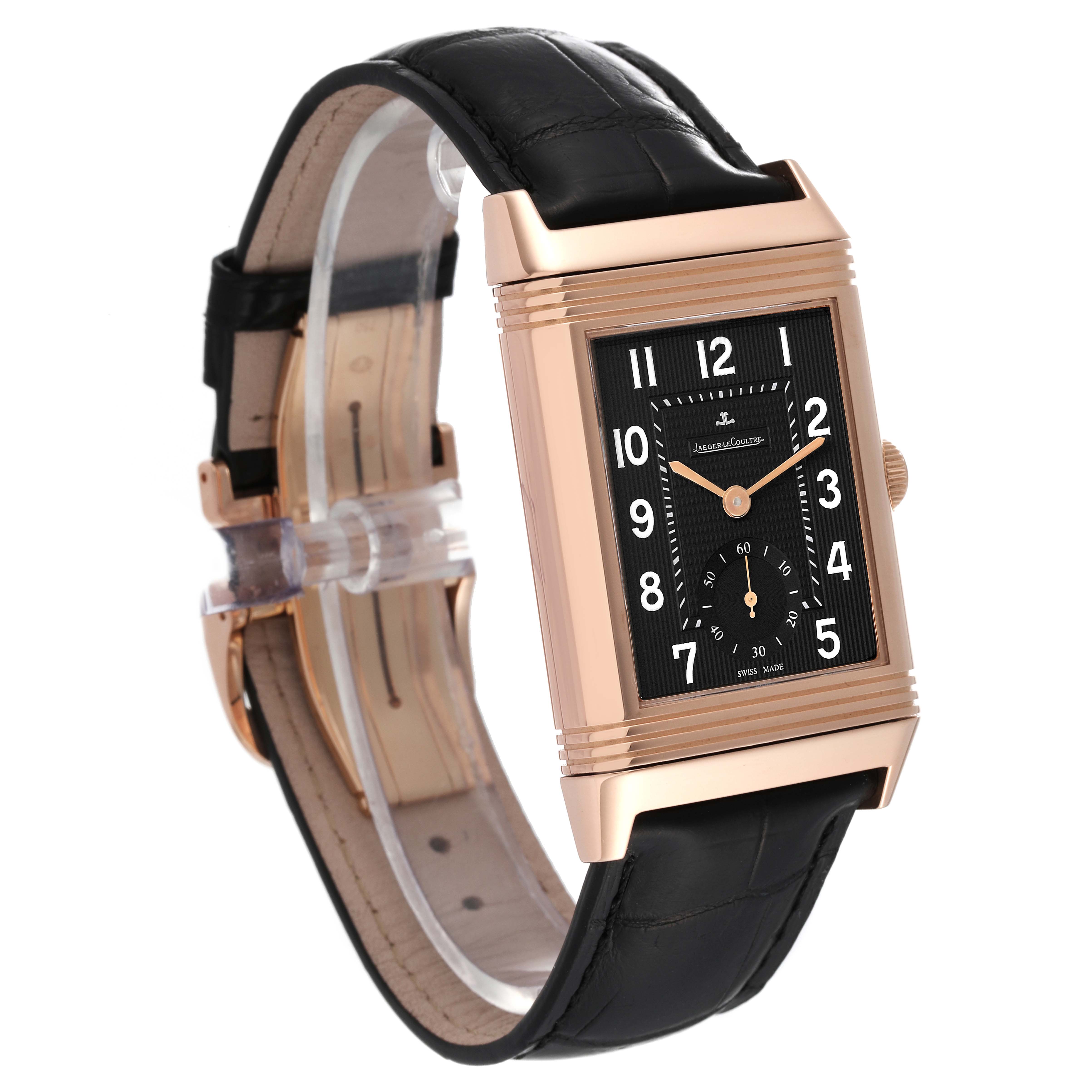 The image shows a front-side angle of a Jaeger LeCoultre Reverso Q3732470 Men's Rose Gold Black Dial Q3732470 Men's Rose Gold Black Dial watch with a black leather strap and a rectangular dial.