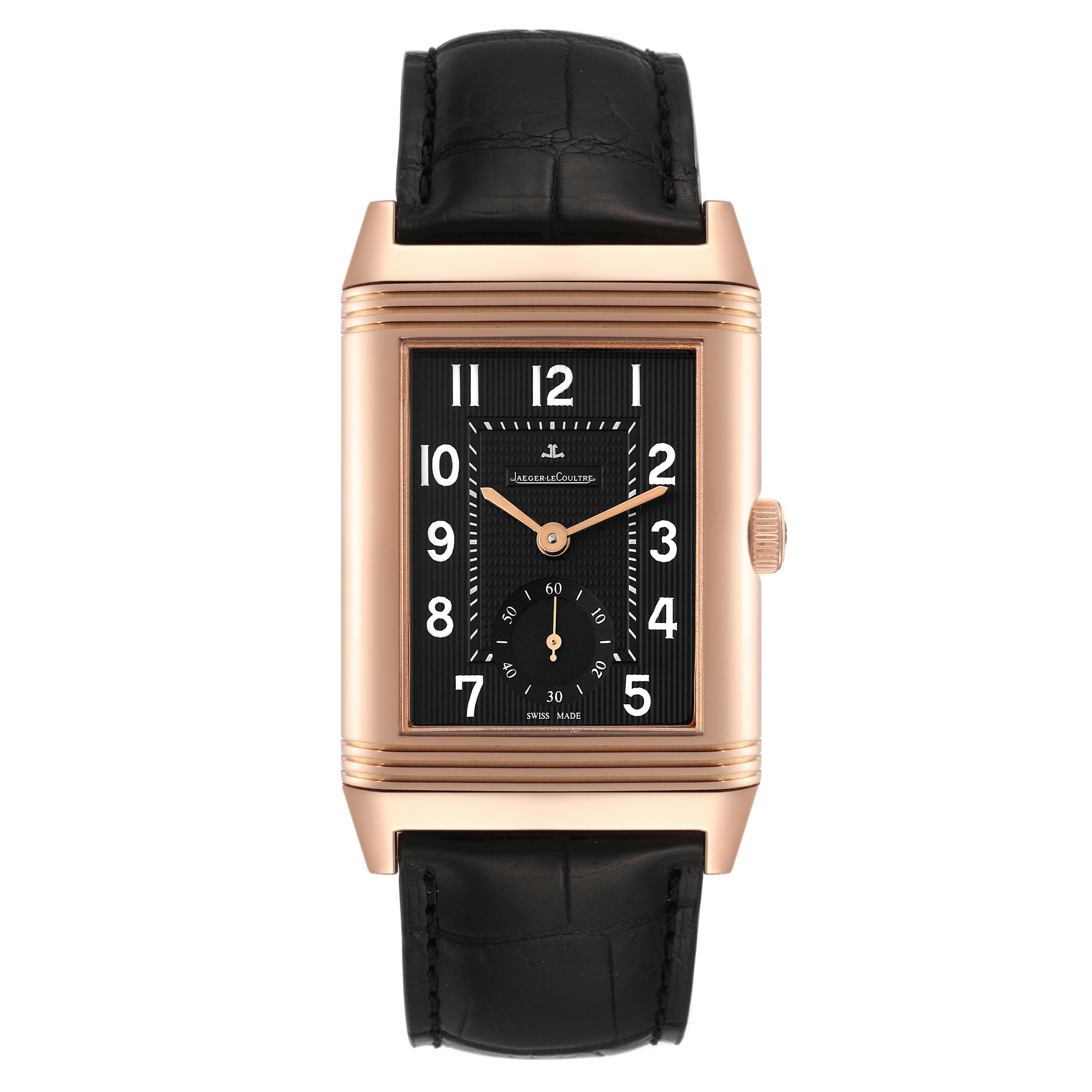 The image shows a front view of the Jaeger-LeCoultre Reverso watch, highlighting its rectangular dial and black leather strap.