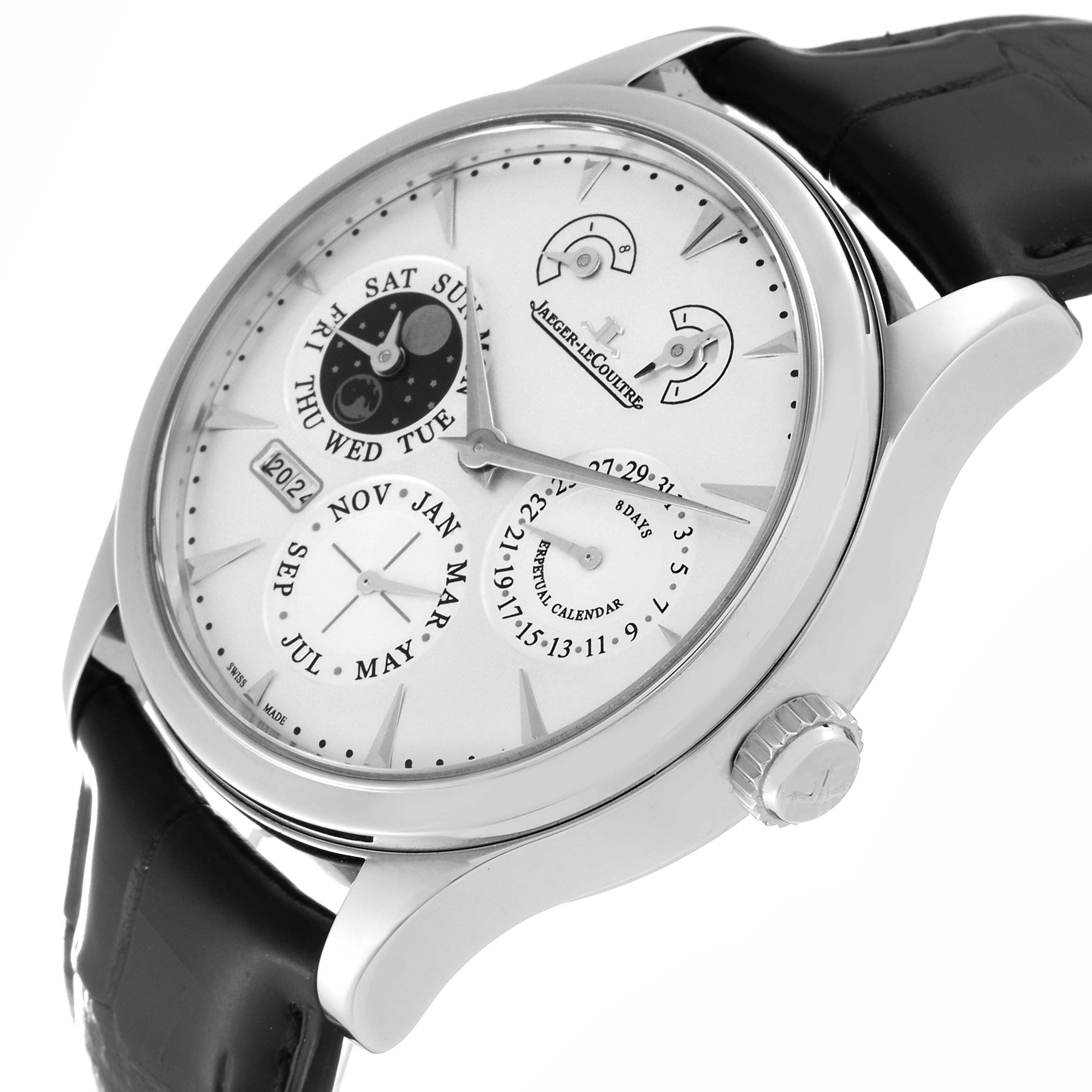 This image shows a side angle of the Jaeger LeCoultre Master Q1618420 Men's Stainless Steel Silver Dial Q1618420 Men's Stainless Steel Silver Dial watch, highlighting its dial, subdials, crown, and leather strap.