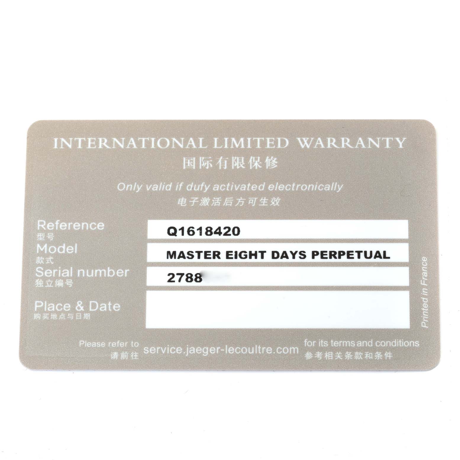 The image shows the warranty card for the Jaeger LeCoultre Master Q1618420 Men's Stainless Steel Silver Dial Q1618420 Men's Stainless Steel Silver Dial Eight Days Perpetual model.