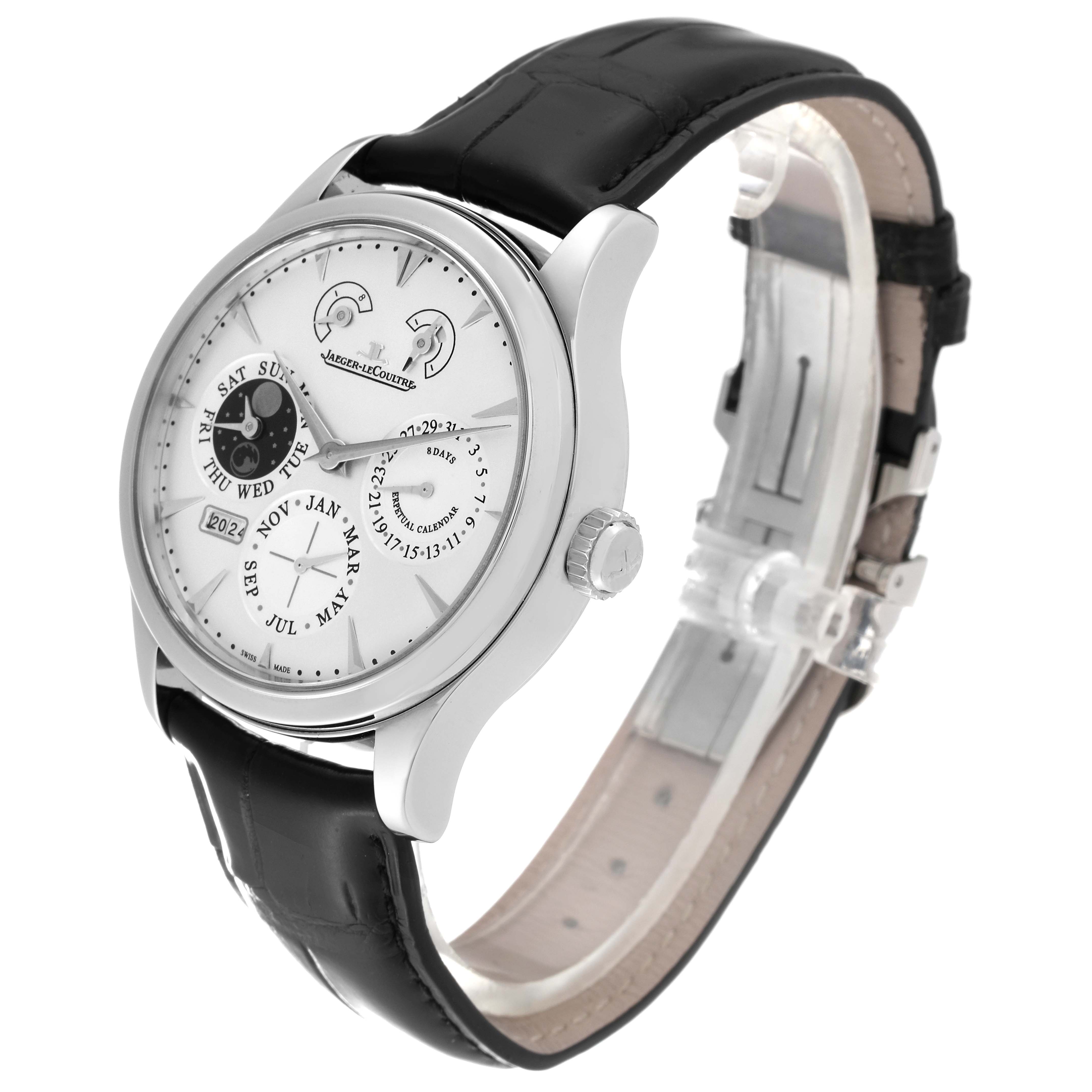 The image shows a Jaeger LeCoultre Master Q1618420 Men's Stainless Steel Silver Dial Q1618420 Men's Stainless Steel Silver Dial model watch at a 3/4 angle, highlighting the dial, case, crown, and leather strap.