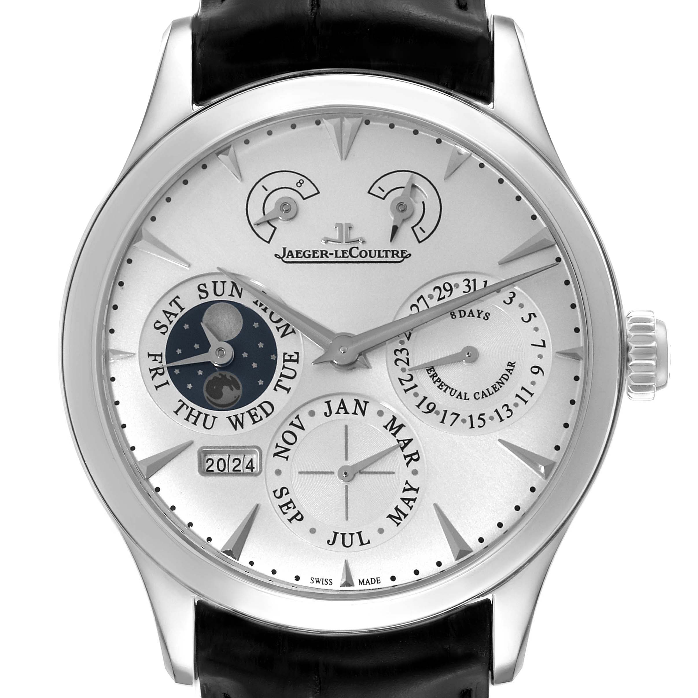 This image shows a front angle view of the Jaeger LeCoultre Master Q1618420 Men's Stainless Steel Silver Dial Q1618420 Men's Stainless Steel Silver Dial watch, highlighting its dials and indicators.