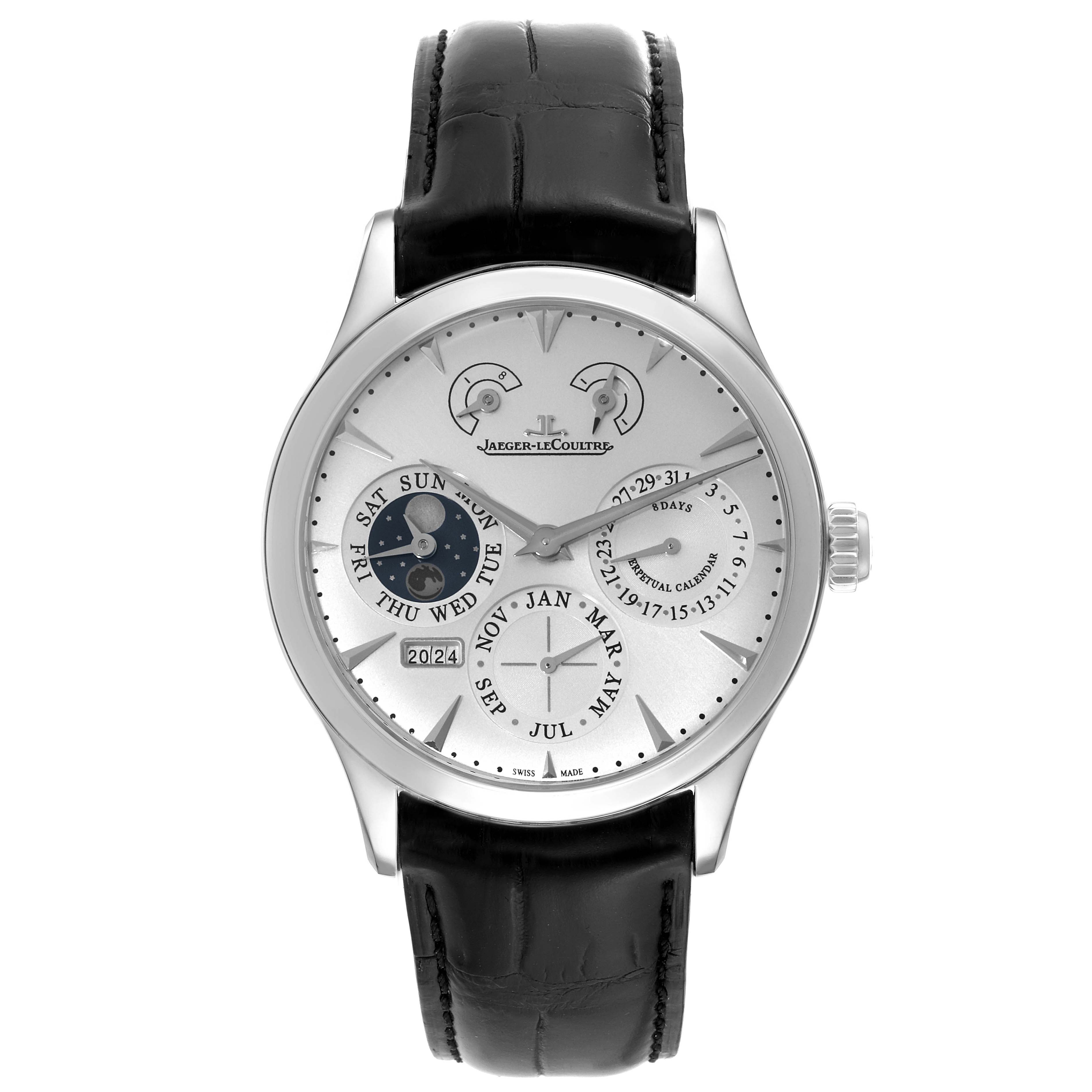 The image shows a front view of the Jaeger LeCoultre Master Q1618420 Men's Stainless Steel Silver Dial Q1618420 Men's Stainless Steel Silver Dial watch, displaying the dial, subdials, date, and moon phase.