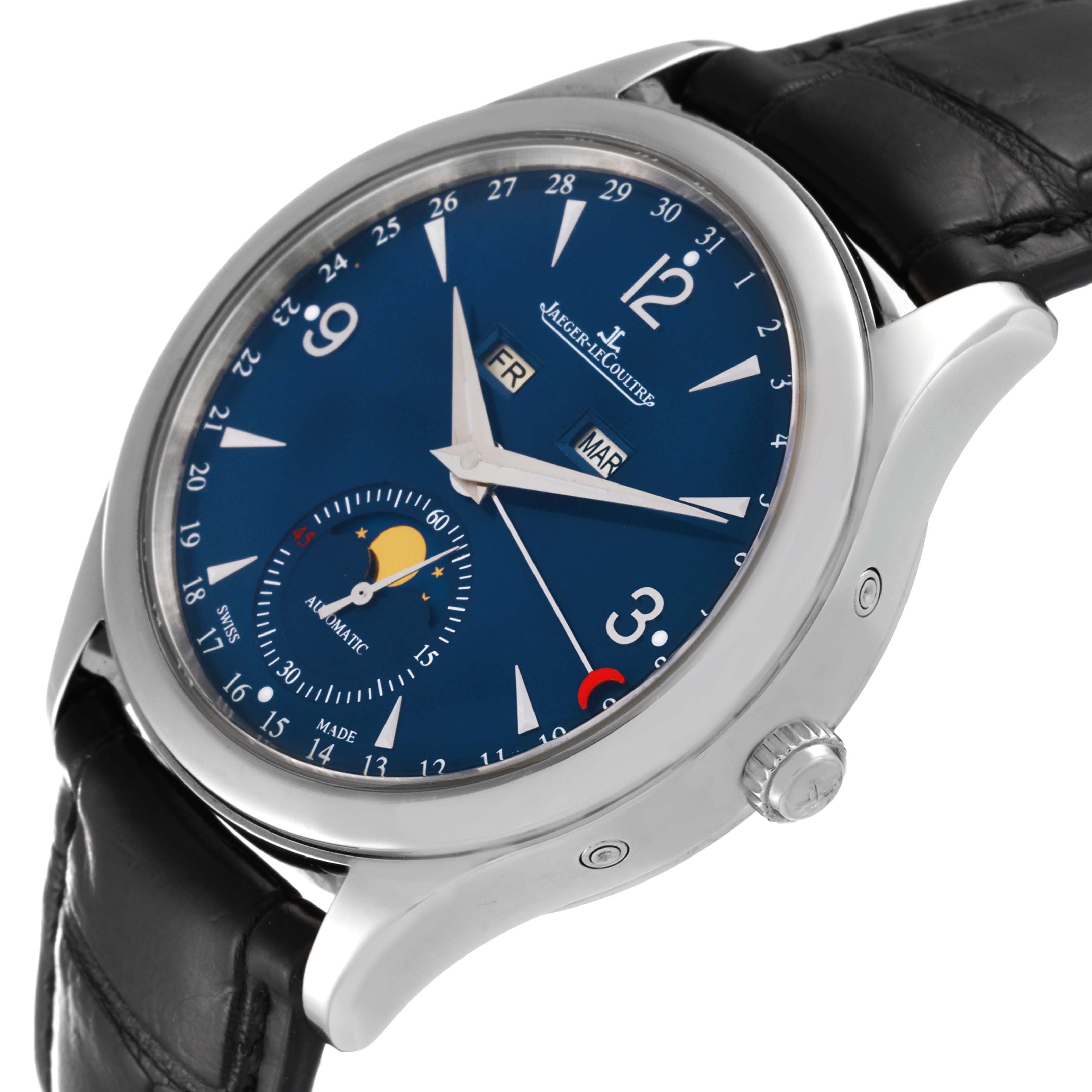 The image shows a Jaeger LeCoultre Master 176.8.12.S Men's Stainless Steel Blue Dial 176.8.12.S Men's Stainless Steel Blue Dial model watch at an oblique angle, highlighting the blue dial, day and month display, and moon phase indicator.